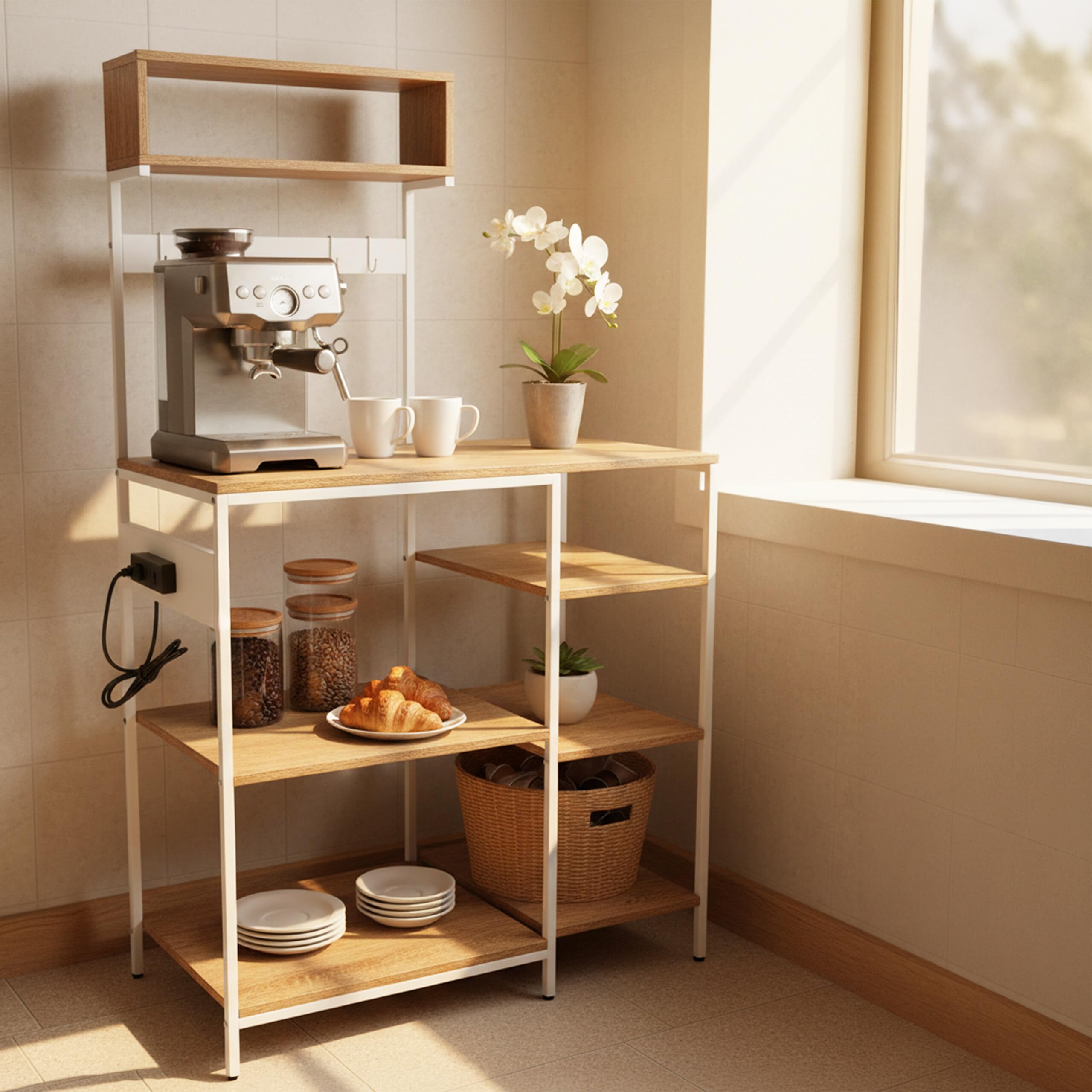 Relaxdays Étagère Cuisine avec Prise & USB, 151x82x40 cm, pour Micro-Ondes, Effet Bois, métal, Naturel/Blanc