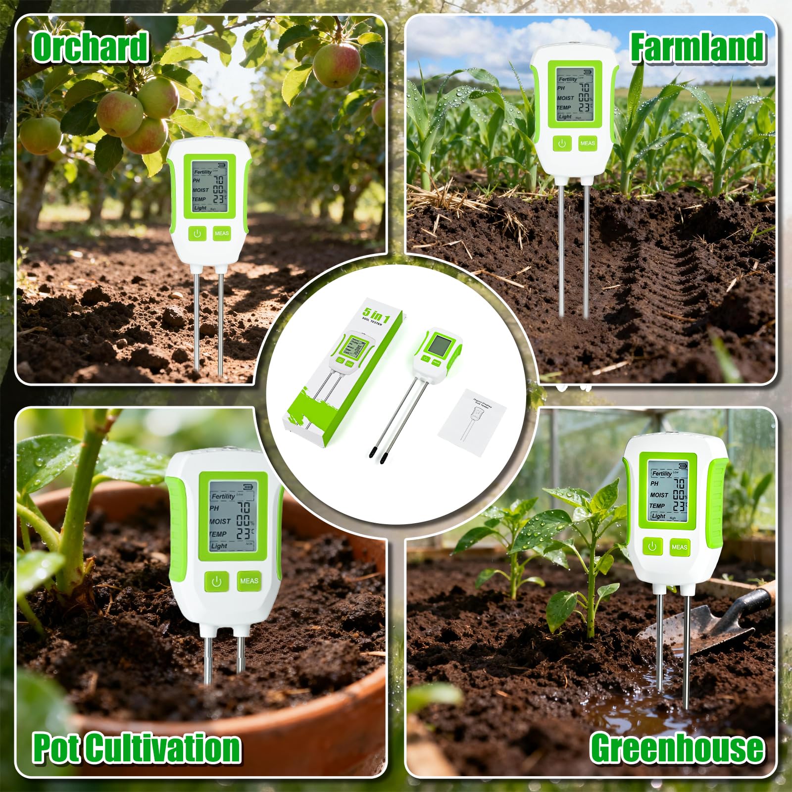 PATEMZON Misuratore del Suolo, 5 in 1 Misuratore PH Terreno Suolo, Misuratore umidità Terreno, Fertilità/PH/umidità/Temperatura/Luce, per Giardinaggio, Igrometro per Piante Agricoltura Esterne