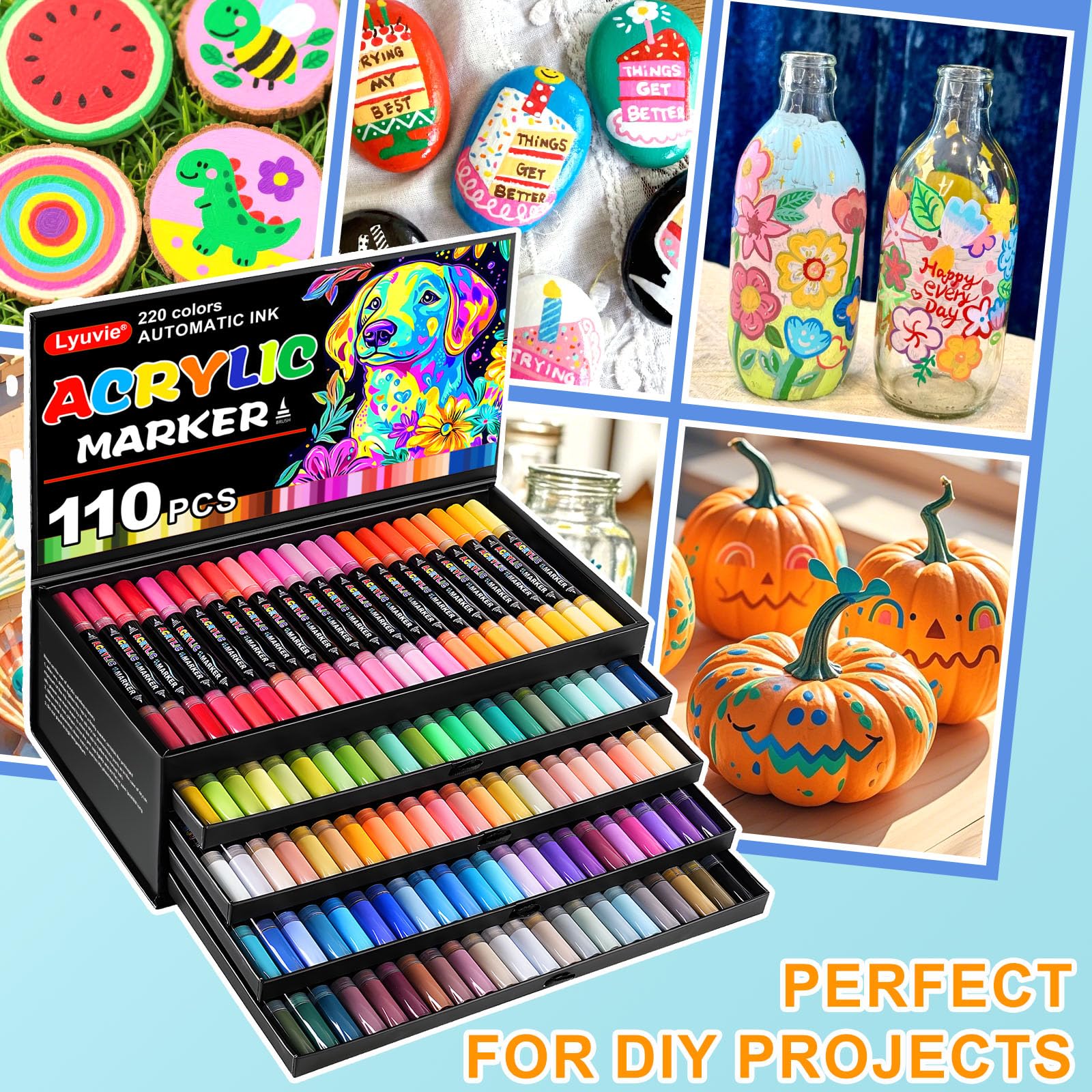 Lyuvie 220 Colorati Pennarelli Acrilici Set-110 Pezzi Marker Pennarelli Acrilici Doppia Punta Fine & Pennello per Dipingere Sassi Dipingere Sassi Tessuti Legno Vetro Carta Plastica