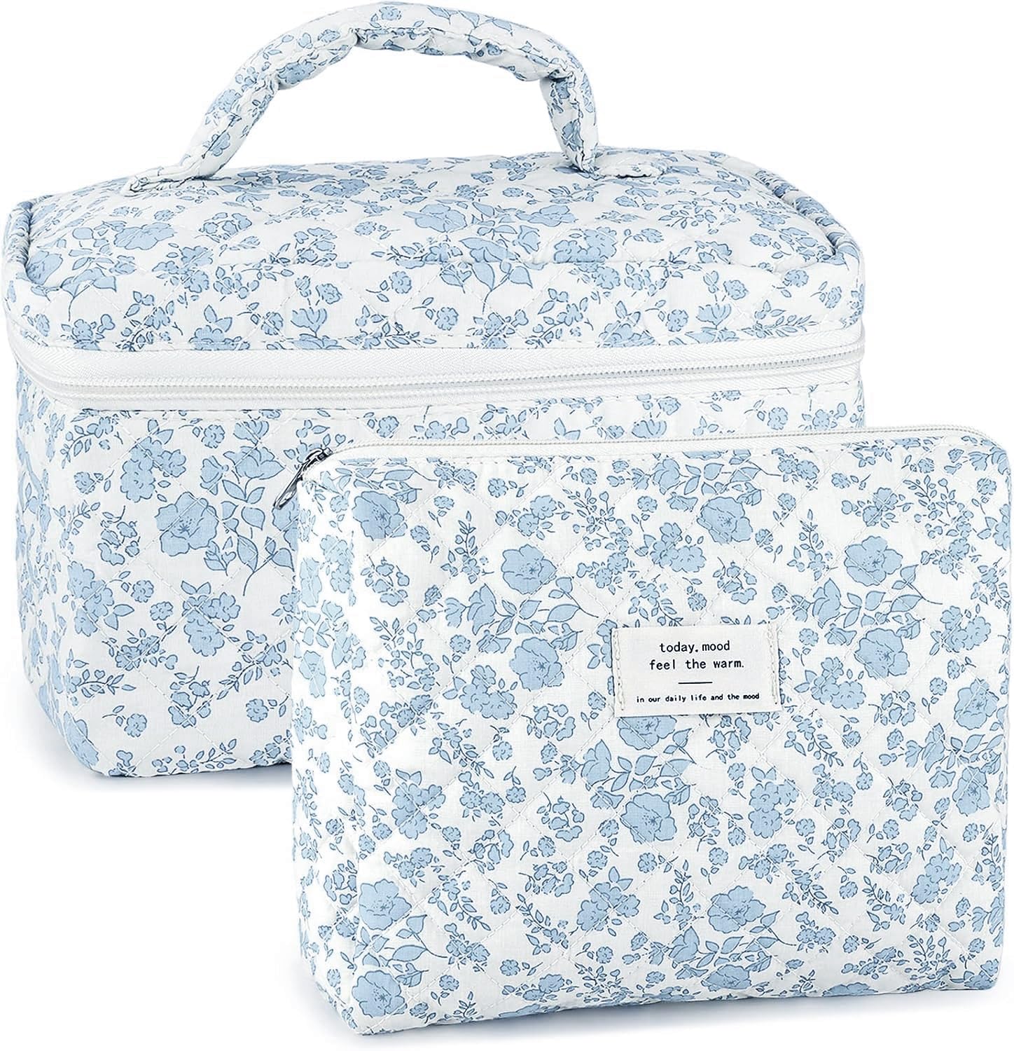 URSKYTOUS 2Pcs Cotton Quilted Makeup Bag for Women Extra Large Small Travel Cosmetic Bag Set Cute Blue Floral Print Makeup Pouch Portable Toiletry Bag