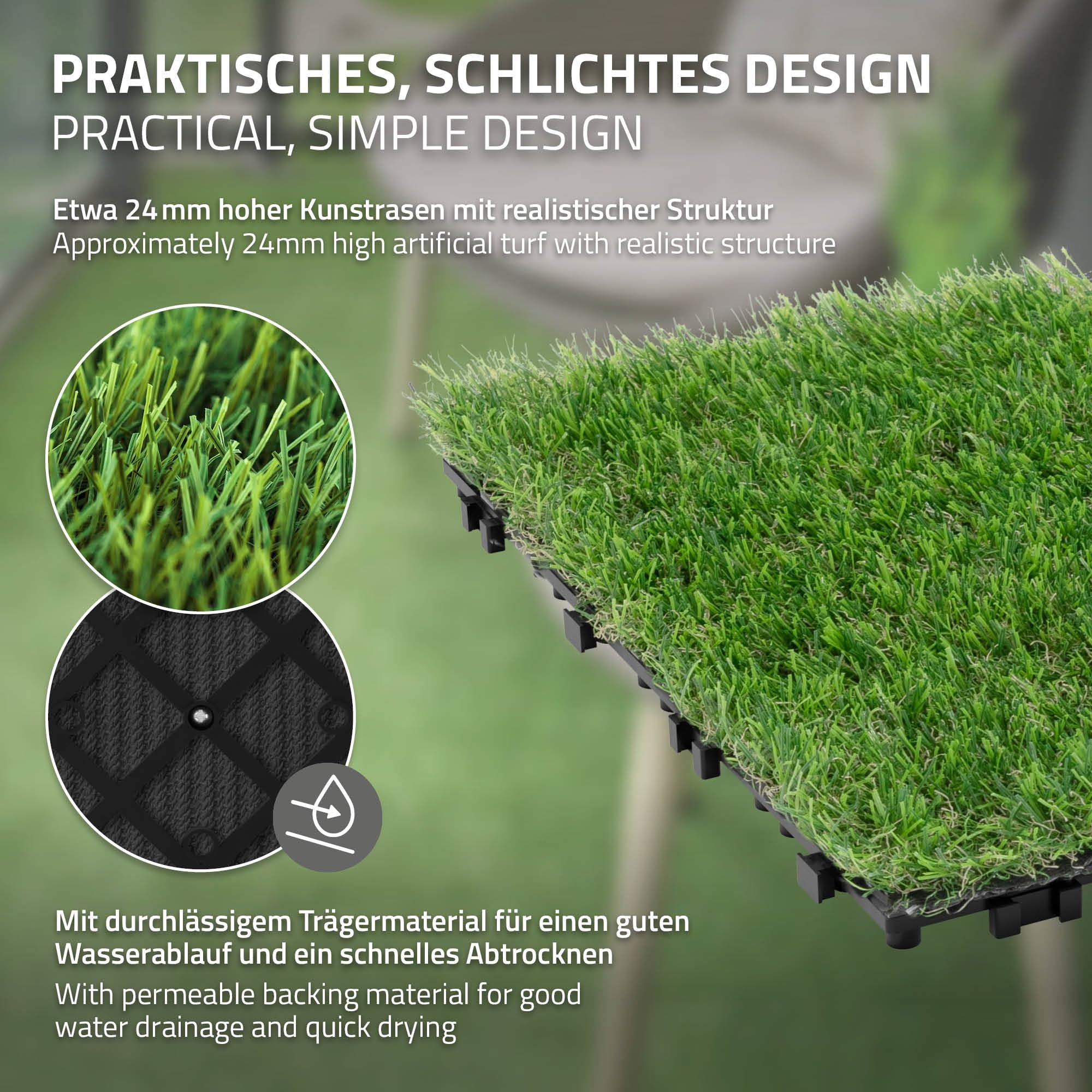 ML-Design Dalles Gazon Synthétique, 30x30 cm/44 pièces=4m², Clipsables avec Drainage, Pelouse Herbe Artificielle Revêtement de Sol à Cliquer Tapis Jardin Terrasse Extérieur Intérieur Résistant aux UV