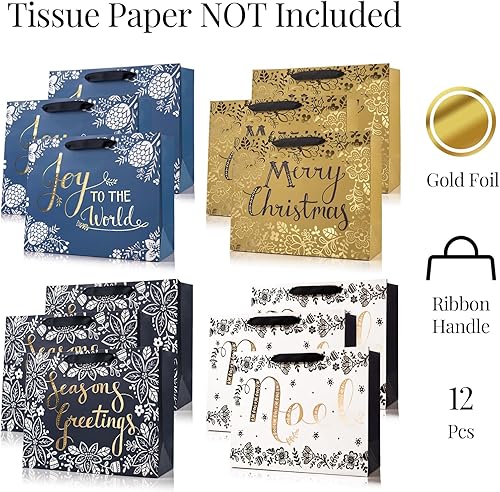 Miniatura 4 de PAPER FAIR 12 bolsas de regalo de Navidad color azul marino, metálico dorado y blanco, grandes de 12.5 x 10.5 pulgadas, bolsas de regalo de Noel