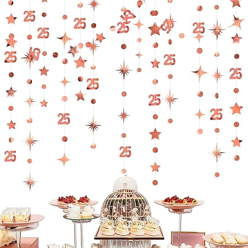 Decoraciones de cumpleaños número 25 color oro rosa con el número 25, guirnalda de estrellas centelleantes metálicas, pancarta colgante de