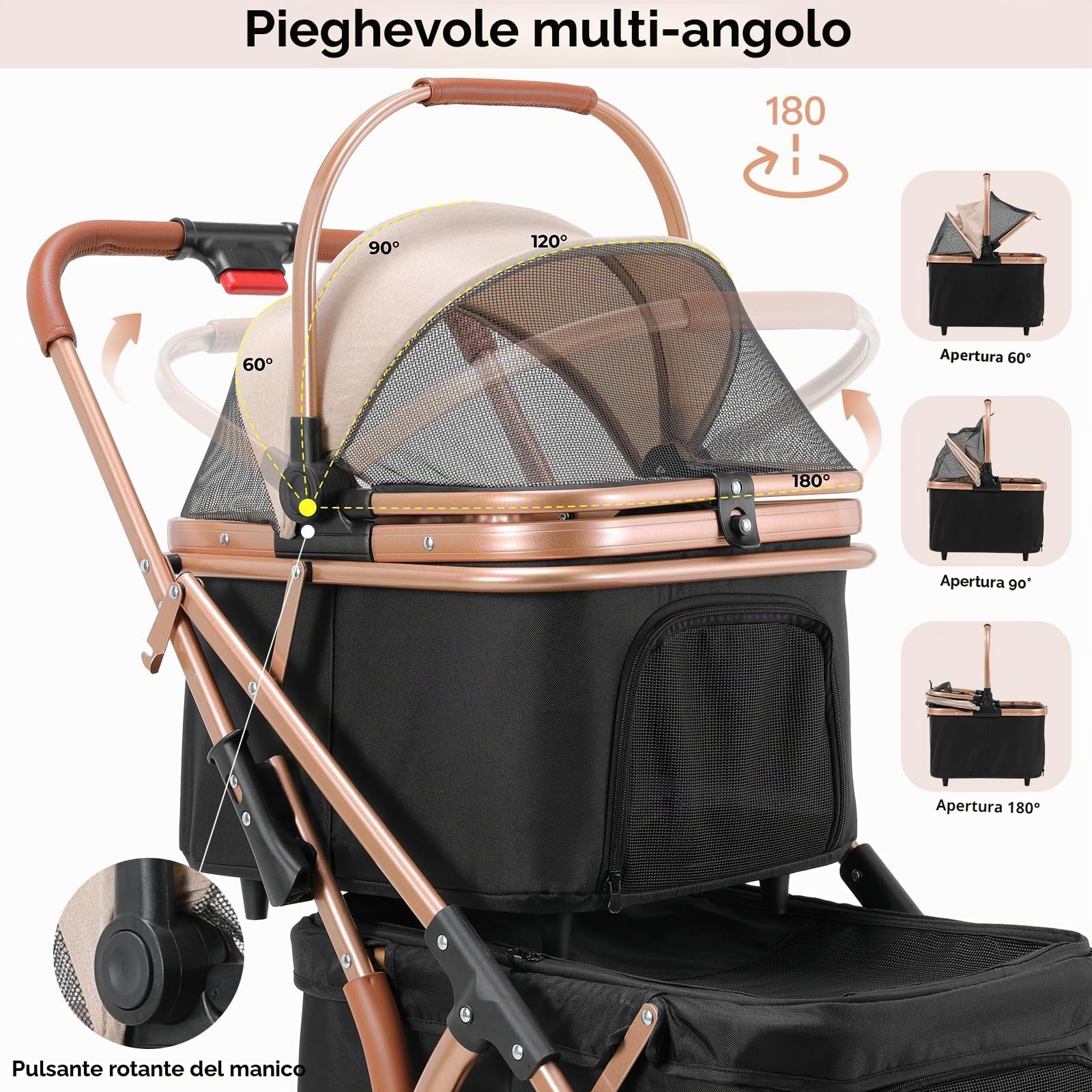 MAMIZO Passeggino Doppio Strato per Cani, Pieghevole Passeggino per Animali Domestici fino a 15 kg, Carrello per Cani, Passeggino Cane con Finestre a Rete e Portabevande e 4 PCS ruote, Nero