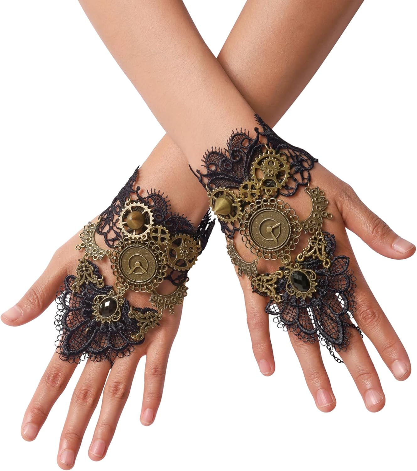 Sacina Black Floral Fingerless Gloves, Victorian Steampunk Wristband, Gothic Vintage Accessories for Women