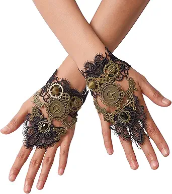 Sacina Black Floral Fingerless Gloves, Victorian Steampunk Wristband, Gothic Vintage Accessories for Women