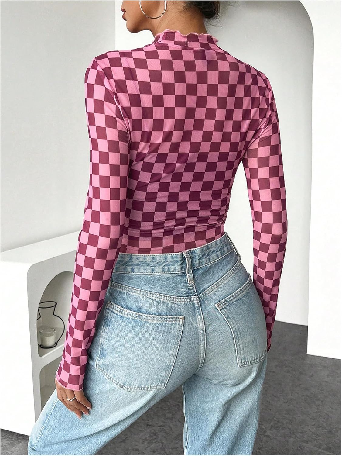 Floerns Women's Checker Print Long Sleeve T Shirts Sheer Mesh Plaid Print Tops - Image 2