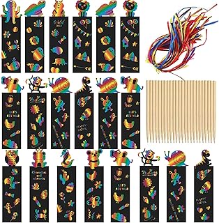 48 Pcs Scratch Art for Kids Rainbow Magic Bookmarks for Children Animal Craft DIY Rainbow Scratch Paper Art Tags with 48 Colorful Ribbons 24 Wooden Stylus Kids School Tags Classroom Party