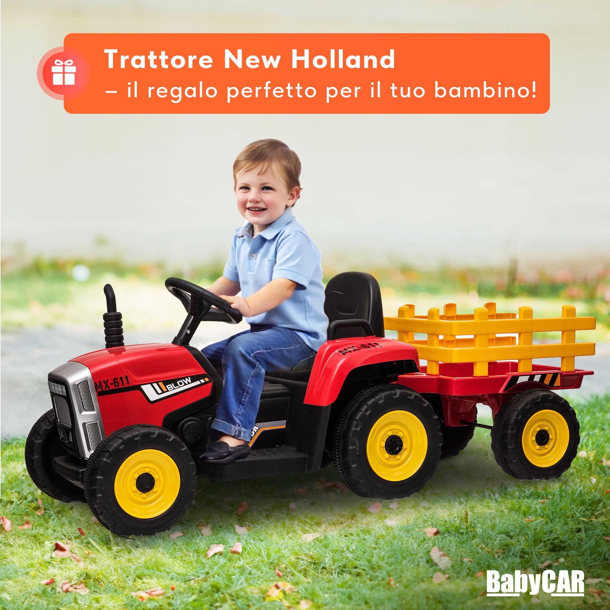 BABYCAR Trattore Elettrico per Bambini con Rimorchio (Rosso) – Macchina elettrica per Bambini, Batteria 12V, 2 motori, Trattore Elettrico con Luci e Telecomando