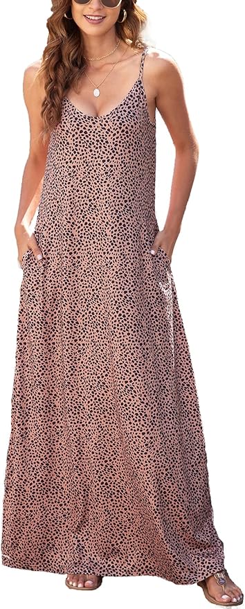 Supnier Women's Summer Maxi Dress Casual V-Neck Sleeveless Bohemian Spaghetti Strap Floral Long Maxi Dress with Pockets