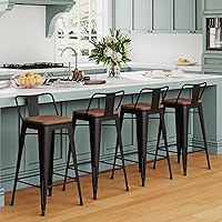 Vista 2 de HAOBO Home 24" Low Back Metal Counter Stool Height Bar Stools with Wooden Seat [Set of 4] Barstools, Matte Black