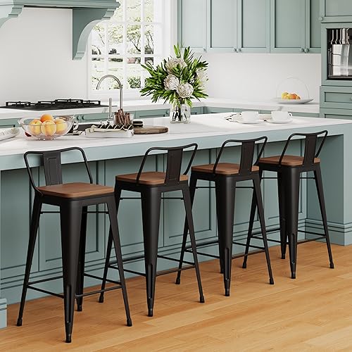 Miniatura 2 de HAOBO Home 24" Low Back Metal Counter Stool Height Bar Stools with Wooden Seat [Set of 4] Barstools, Matte Black Negro -,Blanco