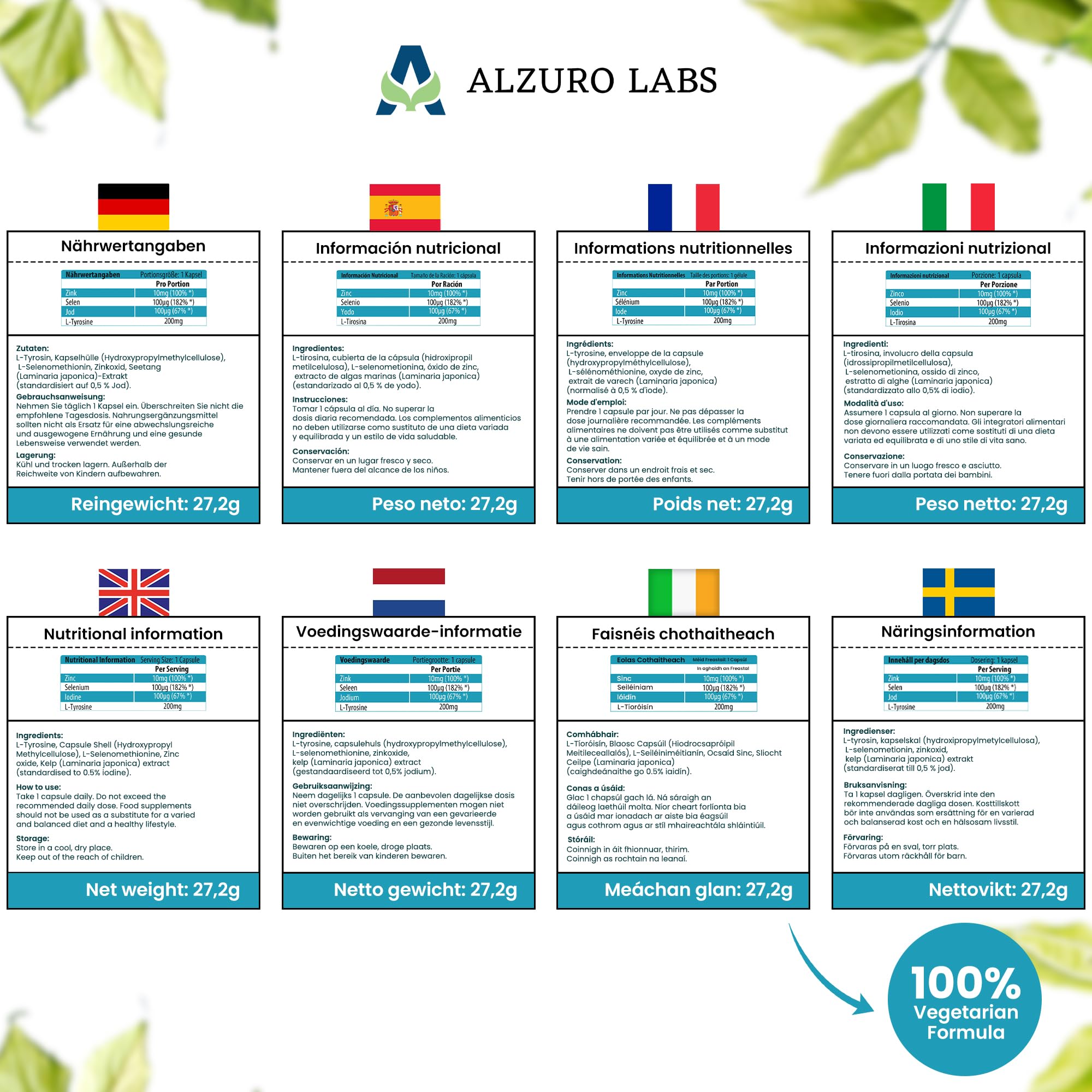 Thyro Complex | 90 Gélules Véganes | Iode, Sélénium, Zinc & L-Tyrosine | Réserve 3 Mois | GMP & Testé en Laboratoire Indépendant