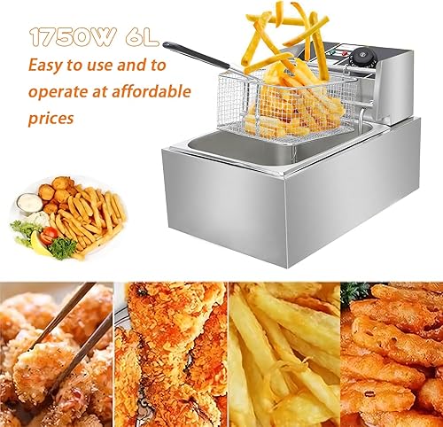 Miniatura 3 de Timoau Freidora comercial, freidora eléctrica de capacidad de 6.3 cuartos de galón con cestas y tapas, máquina de freír un solo tanque de encimera