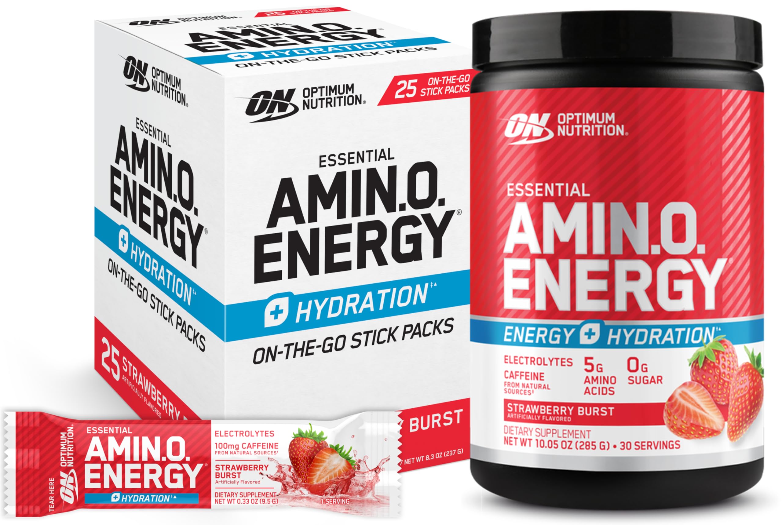 Optimum Nutrition Strawberry Burst Bundle: Amino Energy Powder Plus Hydration with BCAA, Electrolytes and Caffeine, 30 Servings (Packaging May Vary)+Amino Energ