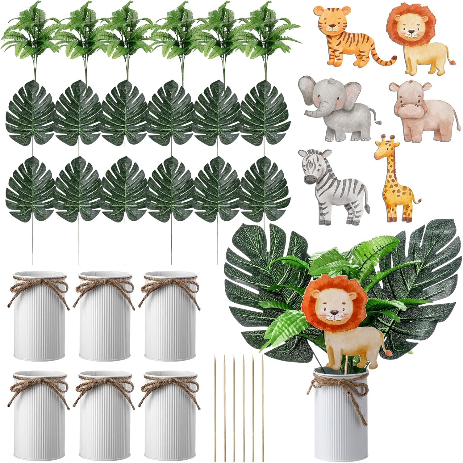 Amyhill 6 Sets Jungle Baby Shower Centerpieces Safari Baby Shower Centerpieces for Table Wild One Party Decoration with Artificial Forest Toppers for 1st Birthday(Safari Style)