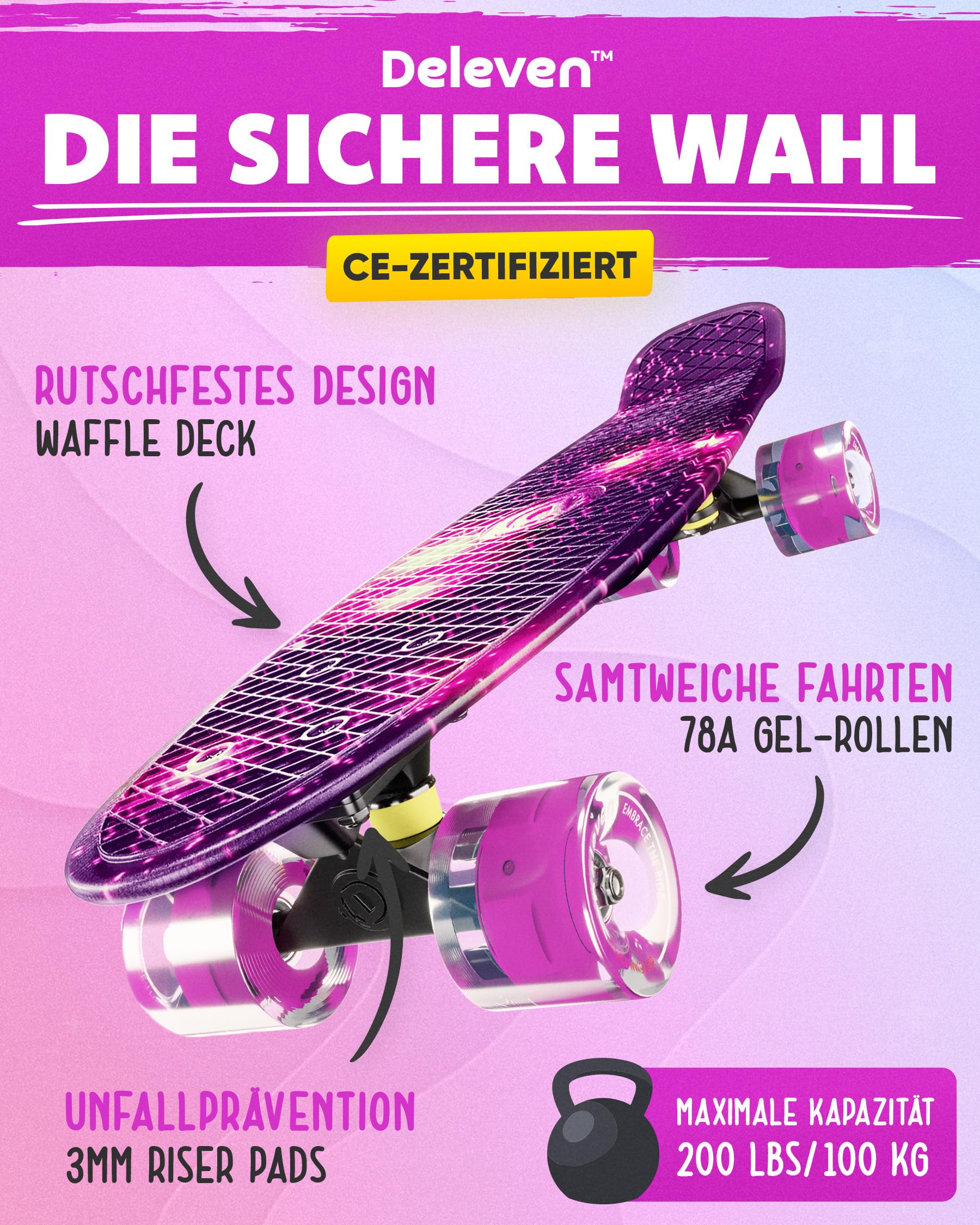 Deleven Skateboard mit Tragetasche, LED Rollen, Skate Tool und ABEC 7 Lager - Kinder Erwachsene Anfänger - 56 cm