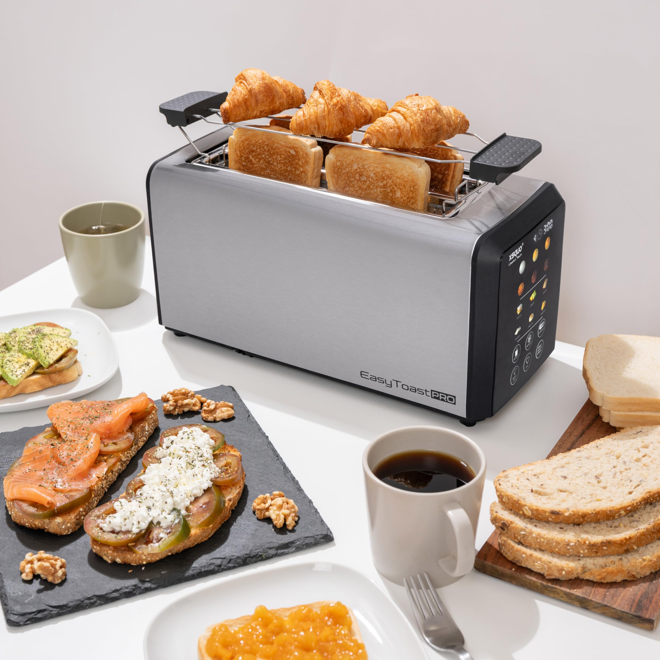 Grille Pain Intelligent avec Écran Tactile Toaster Motorisé (Auto Lift) Fente Longue 26cm Baguette Inox 6 Niveaux Dorage Décongélation Réchauffage Compte à Rebours Support Viennoiserie Ramasse Miettes