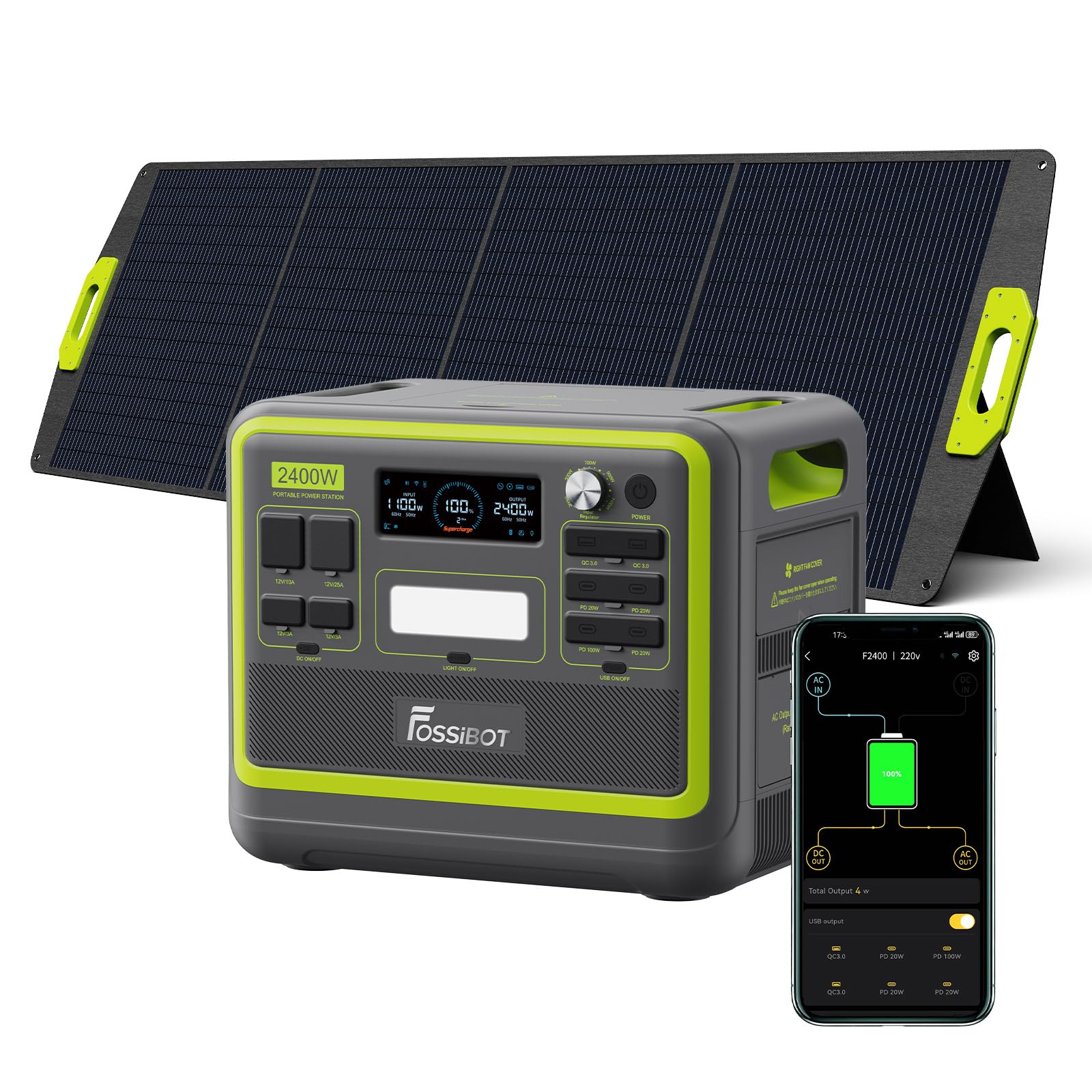 FOSSiBOT F2400 Powerstation mit 200W Solarpanel, Solargenerator 2048Wh LiFePO4 Batterie 230V 2400W 3AC Ausgängen (4800W Peak), Mobile Stromerzeuger für Camping/Reise/Zuhause/Notfall usw