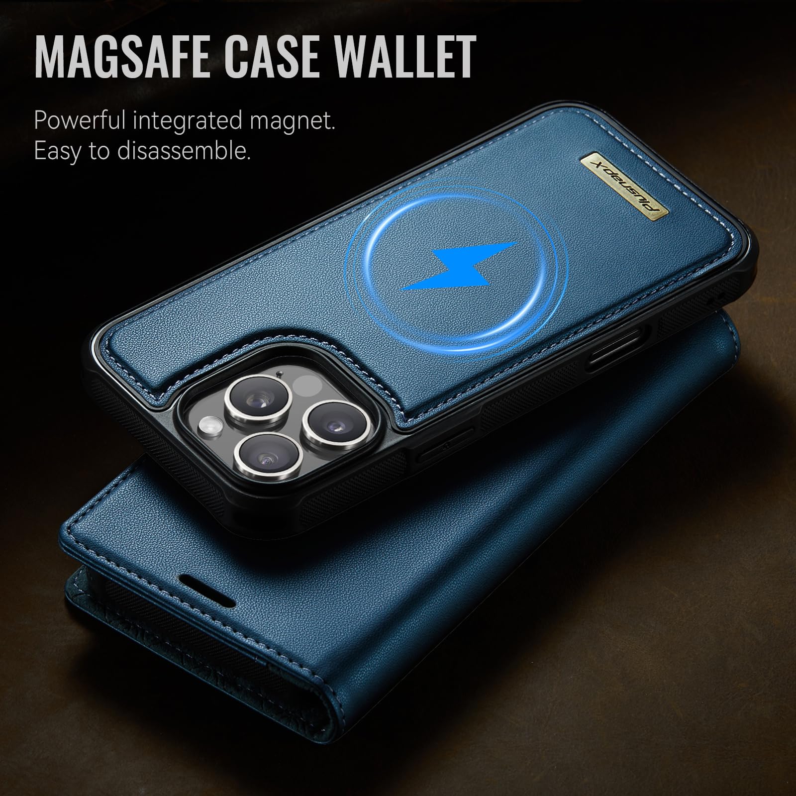 Custodia a portafoglio staccabile per iPhone 16 Pro 2 in 1, blu | Compatibile con Magsafe, magnetico, porta carte di credito con blocco RFID, antiurto, cavalletto, ricarica wireless