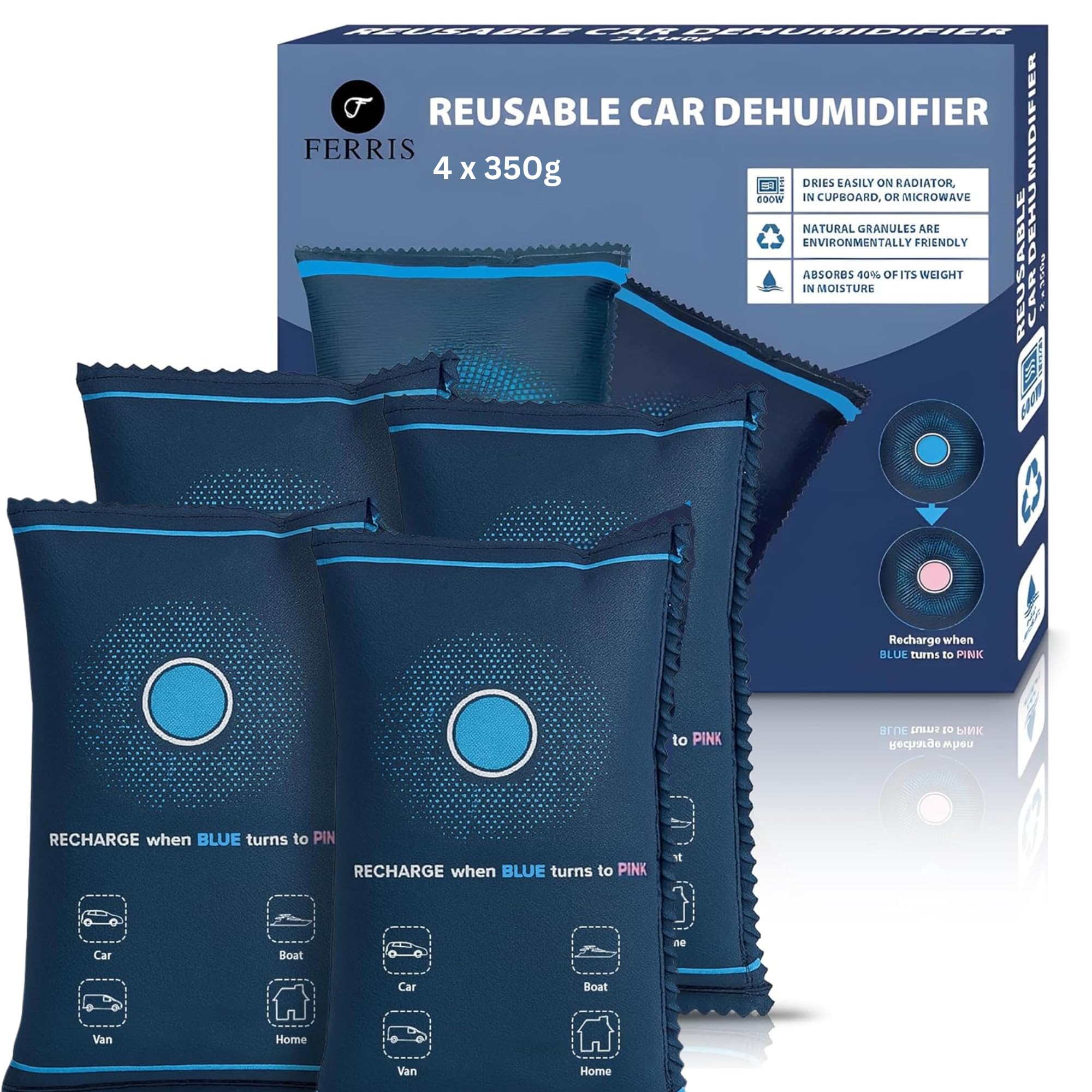 FERRIS | 4 X 350g Car Dehumidifier Bags | Reusable & Safe Interior Dehumidifiers for Home & Moisture Absorber Sachets | Microwave Reactivated, Leakproof Alternative to Disposable Dehumidifiers