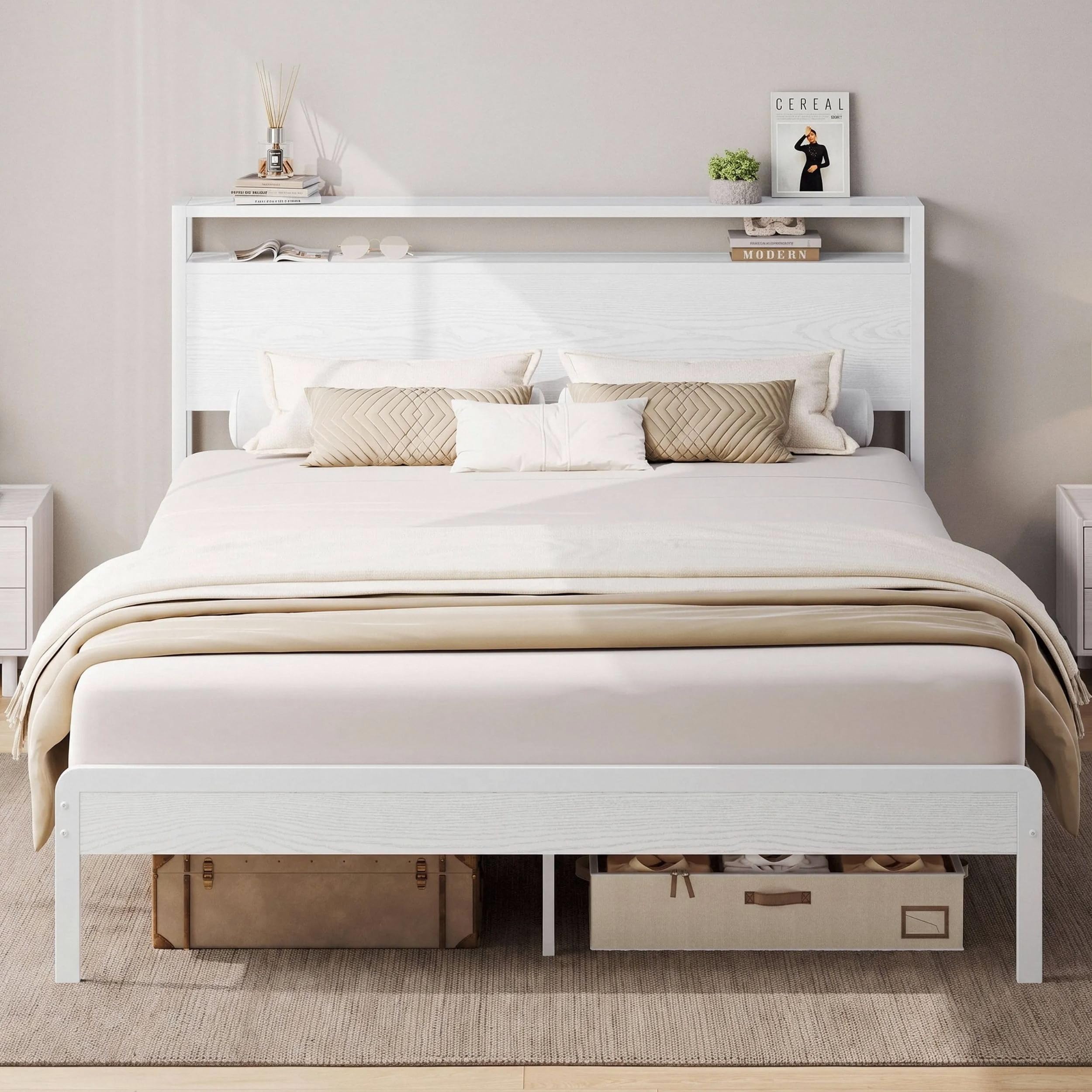 LIKIMIO Full Size Bed Frame with 2-Tier Storage Shelf Headboard