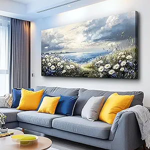 KELIYUAN Large Canvas Wall Art For Living Room Bedroom Wall Decor Home Office Blue Mediterranean Garden Landscape Painting Room Bathroom Dining Room Prints Artwork Picture Wall Decoration 20x40 In