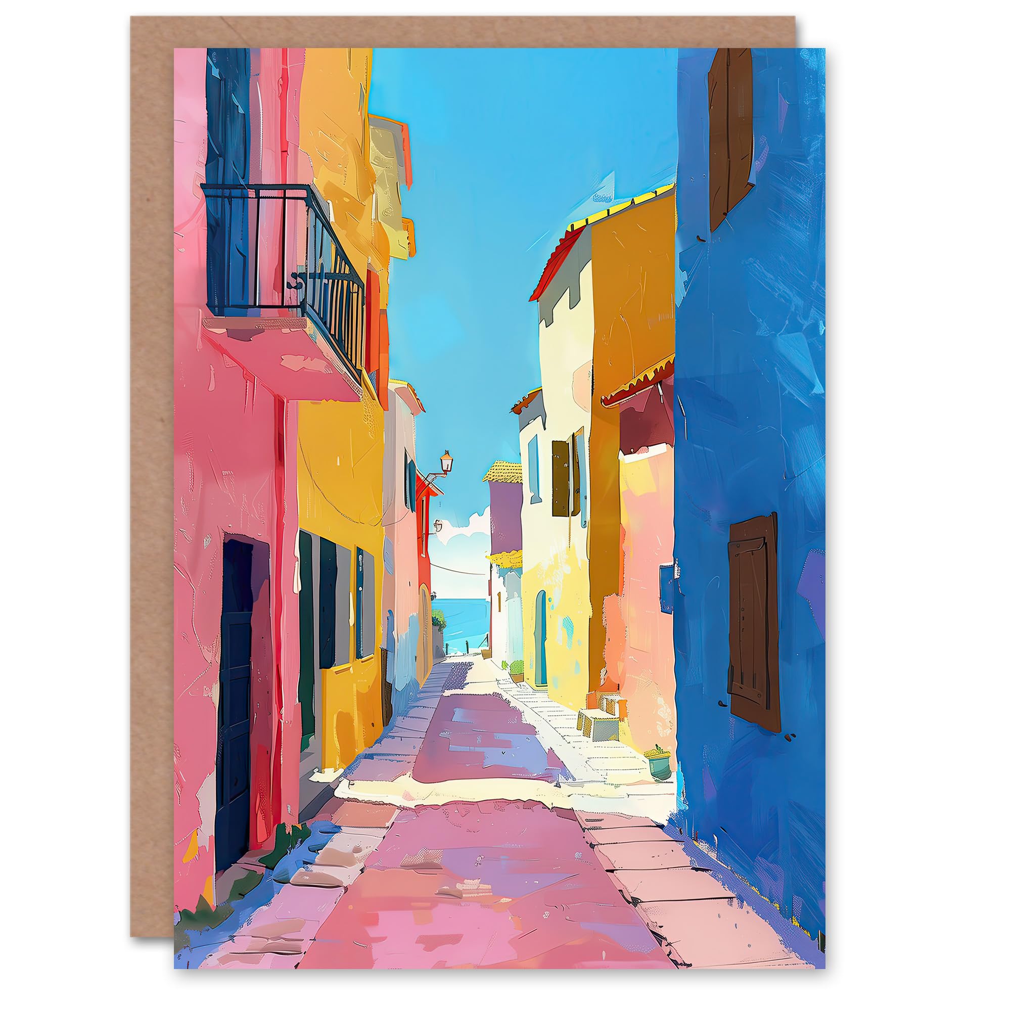 Artery8 Greeting Card Mediterranean Street Spain Painting Seaside Blank For Him Or Her Art Birthday Card