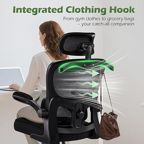 Miniatura 9 de Silla de oficina ergonómicas con soporte lumbar ajustable y colgador para reposacabezas, silla de malla transpirable de respaldo alto con ruedas,