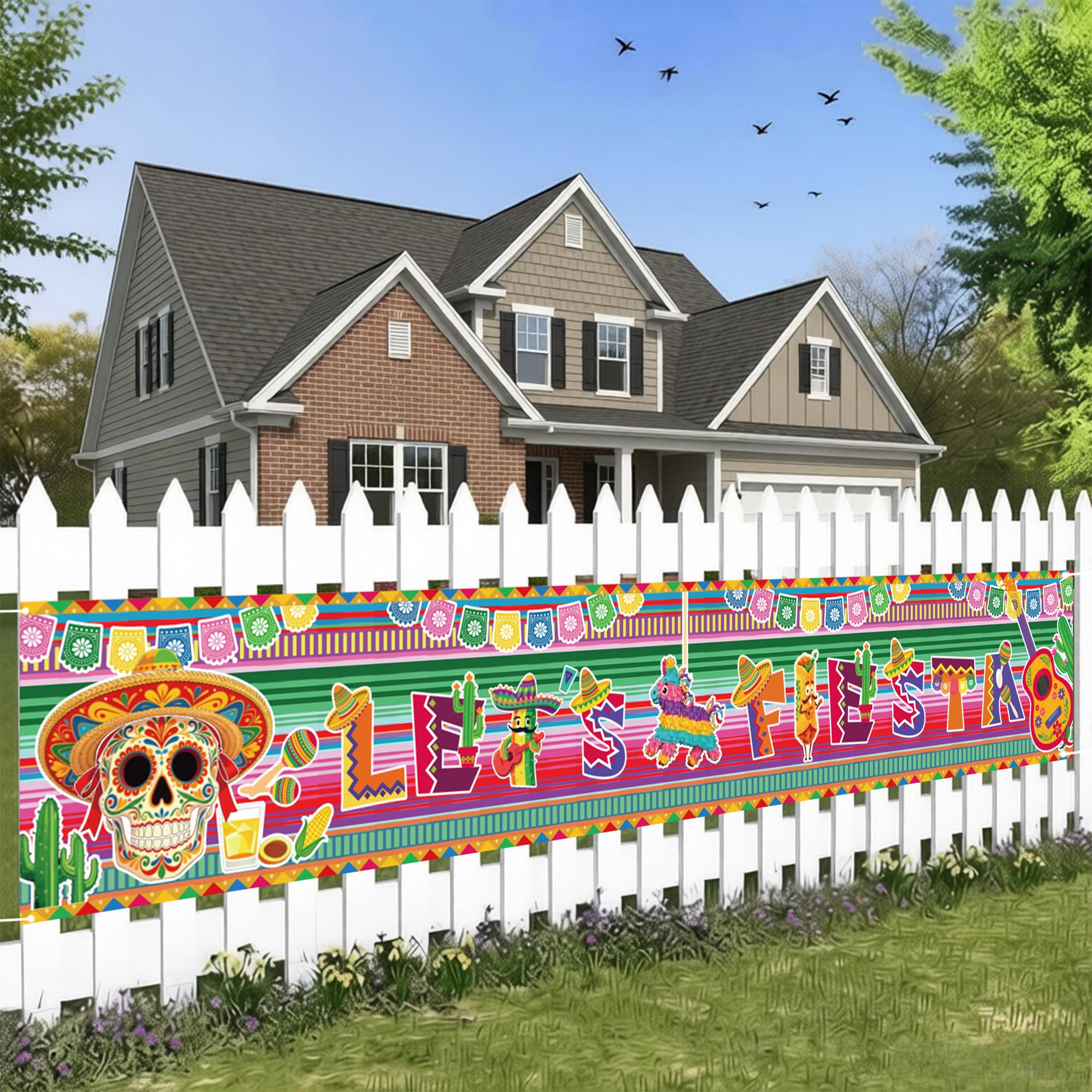 Mexican Fiesta Party Decorations Banner - 1 Pcs Fiesta Themed Yard Banner Let's Fiesta Skull Sombrero Cactus Pinata Guitar for Cinco de Mayo Party Outdoor Decor Supplies, 50 x 300 cm