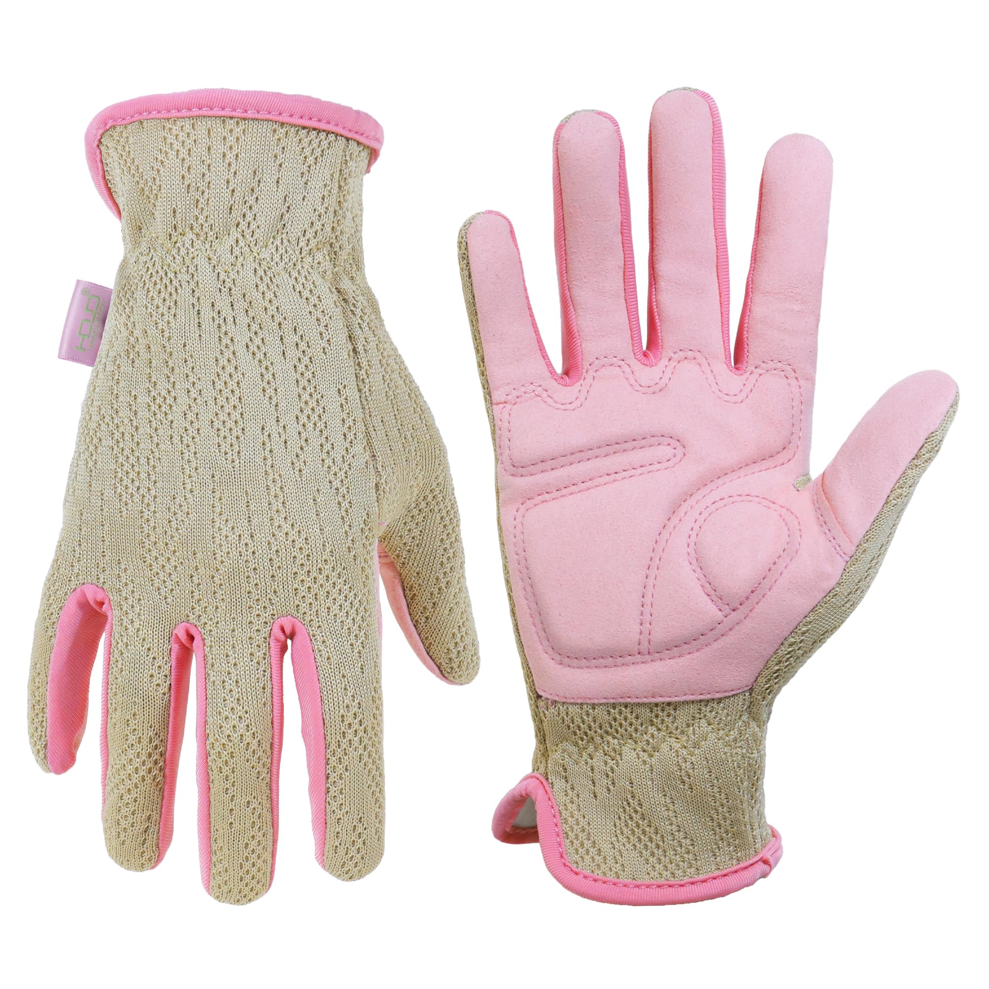 HANDLANDY Leather Gardening Gloves for Women, Breathable Ladies Leather Garden Yard Gloves Best Gift for Gardeners (Pink-Khaki, M)