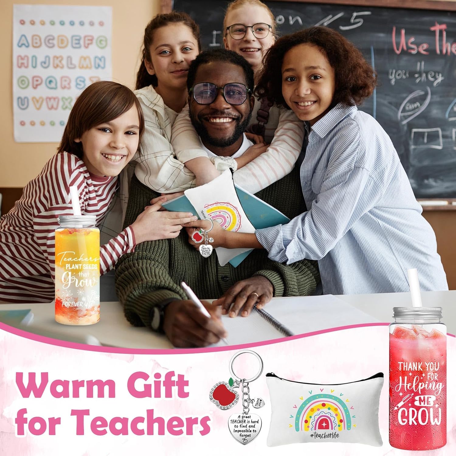 Skylety 36 Pcs Teacher Appreciation Gifts Sets Including 13.5 oz Teacher Reusable Tumbler with Lid Straw Makeup Bags Keychains, Thank You Appreciation Gift Idea for Coworker Stuff - Image 5