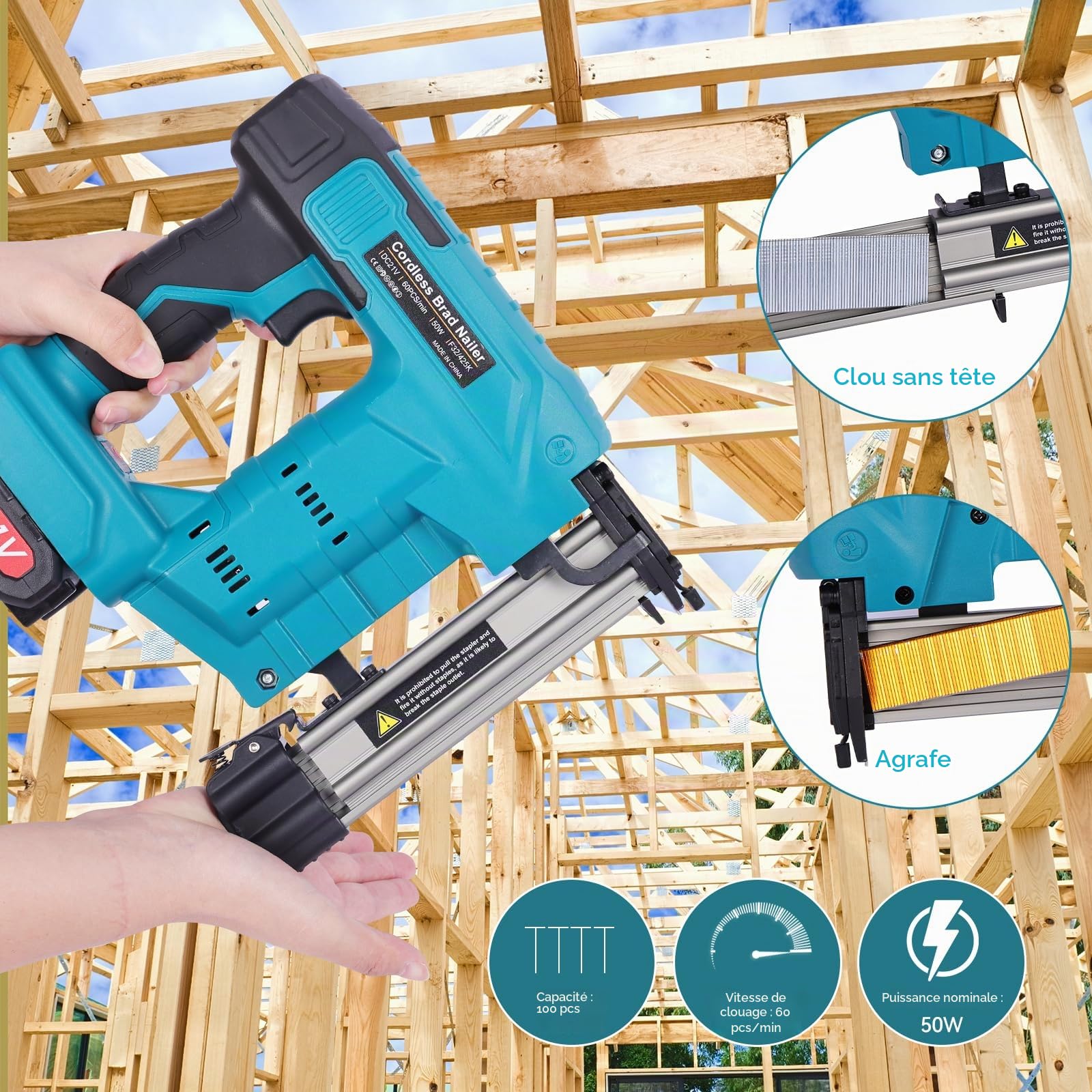 Cloueuse sans fil 2 en 1 : agrafeuse à batterie avec 2000 clous/agrafes – Agrafeuse électrique comme set de boulons – pour bois dur et tendre, amélioration de la maison et travail du bois