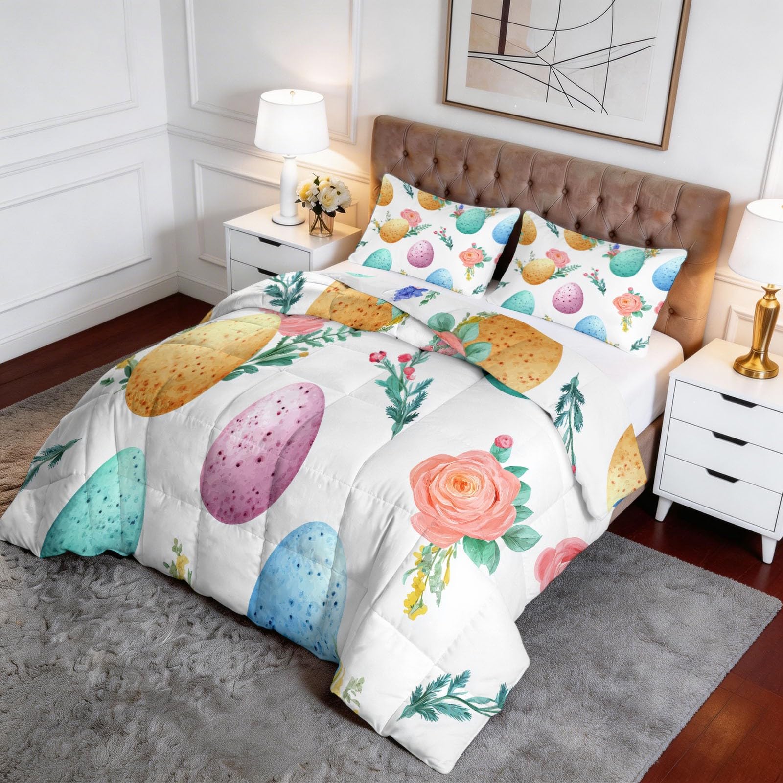 Generisch Florale Ostereier Bettdecke 200 x 220 cm 4 Jahreszeiten Steppdecke, Aquarellmalerei Waschbare Ganzjahresdecke Kinder Bettwaren Set Kinderzimmer Gästezimmer Bettdecke Ohne Bezug