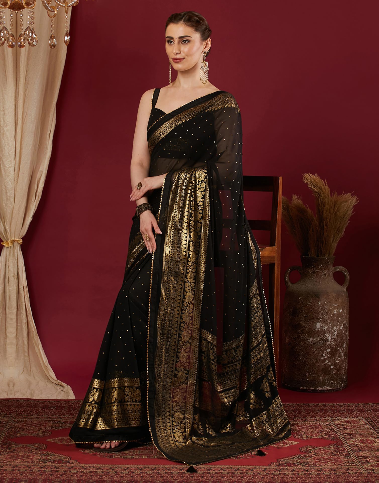 SIRIL Women's Georgette Foil Printed Saree with Unstitched Blouse Piece (4402S3152_Black) - Image 2 thumbnail