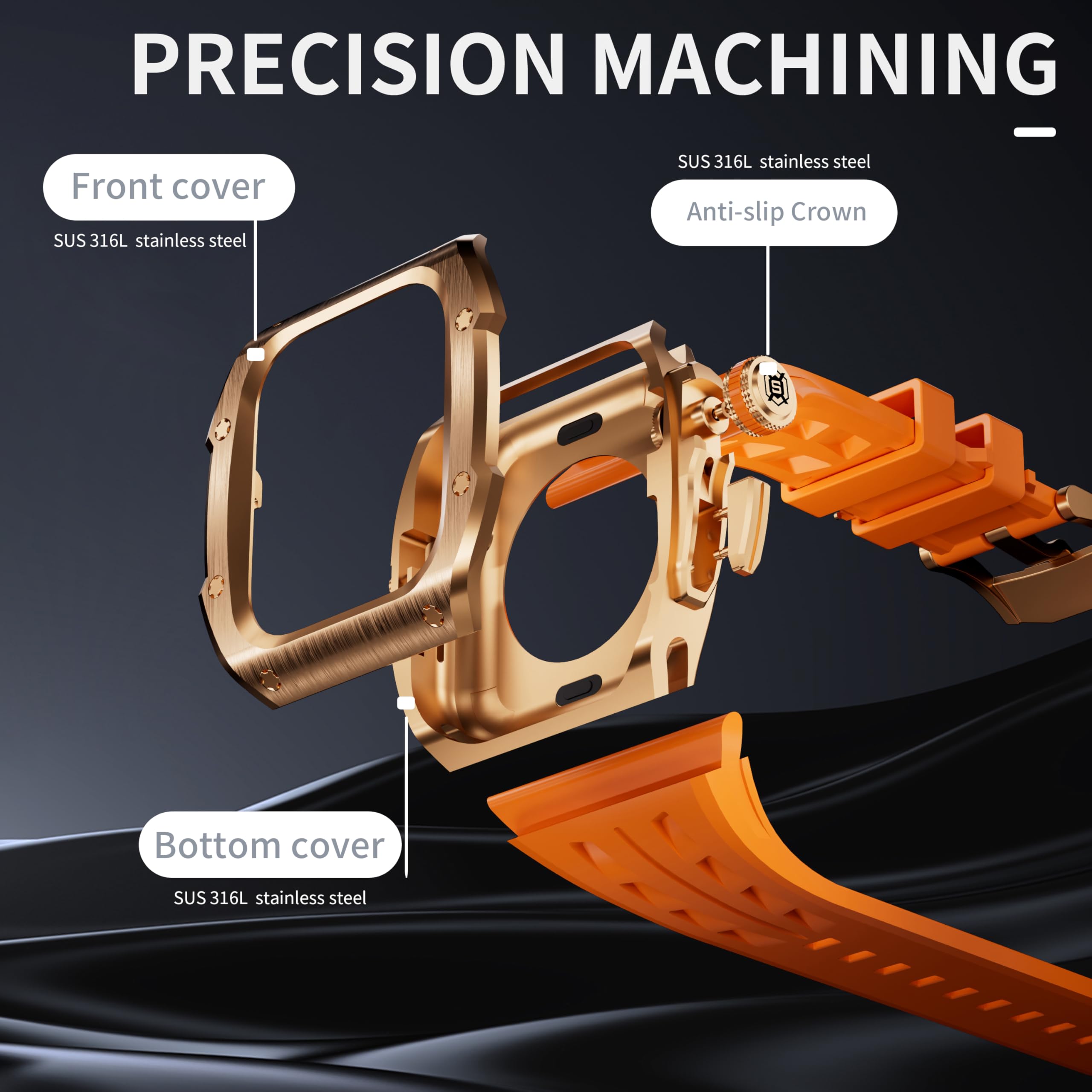 TOPBD 316L Stainless Steel Case Rubber Strap Mod Kit Set?For Apple Watch Series 10 46MM Watchbands(Rose Gold Orange)