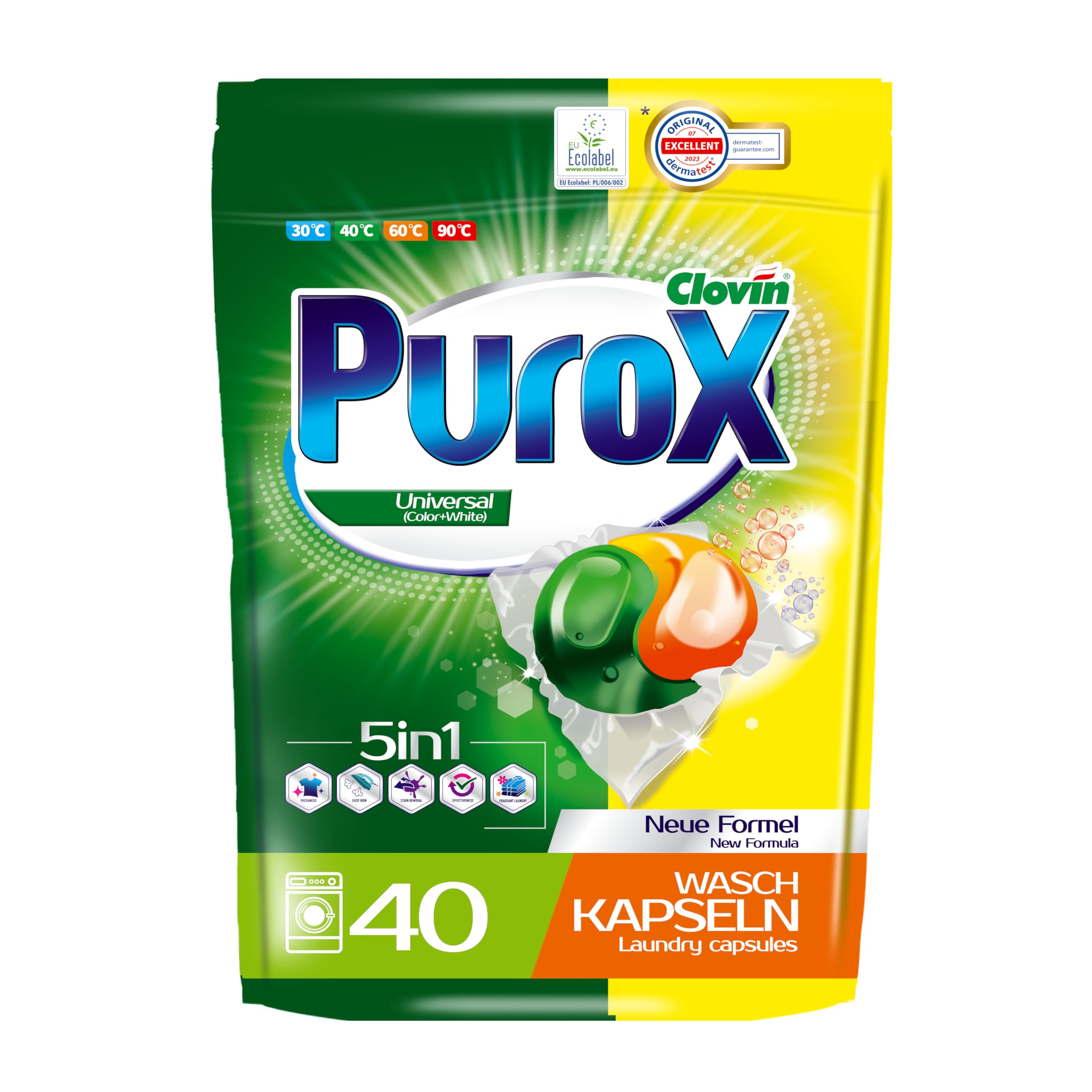 PUROX uniwersalne kapsułki do prania (40 prań) kapsułki z podwójną przegródką na białe i kolorowe ubrania, Doypack
