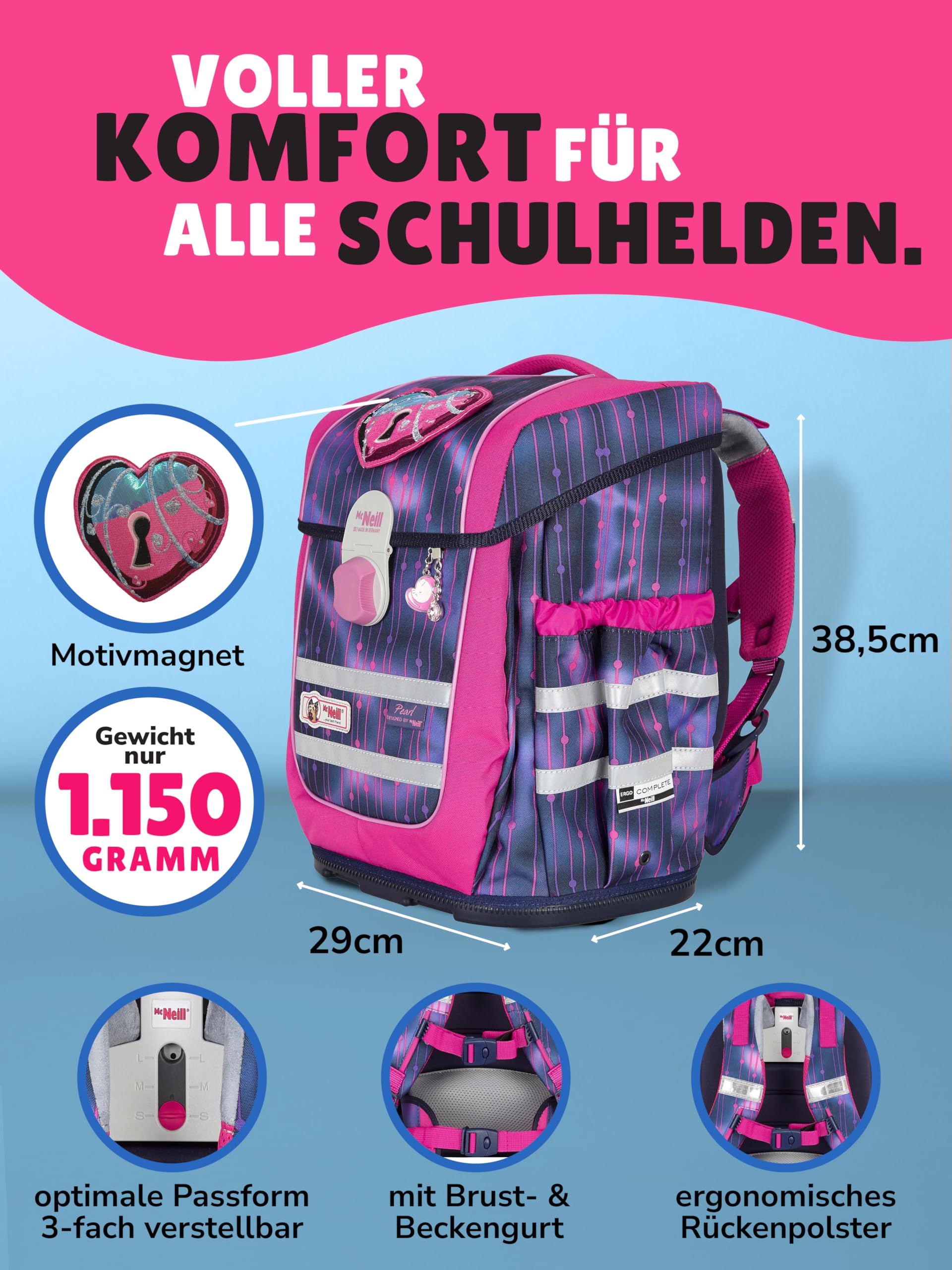 Familando - McNeill Ergo Complete Schulranzen Set - 10-teilig mit Schultüte - Pearl mit Herz Schloss - Ergonomisch & 3-Fach verstellbar - 1150g leicht mit 20L Volumen & Reflektoren - ab 1. Klasse