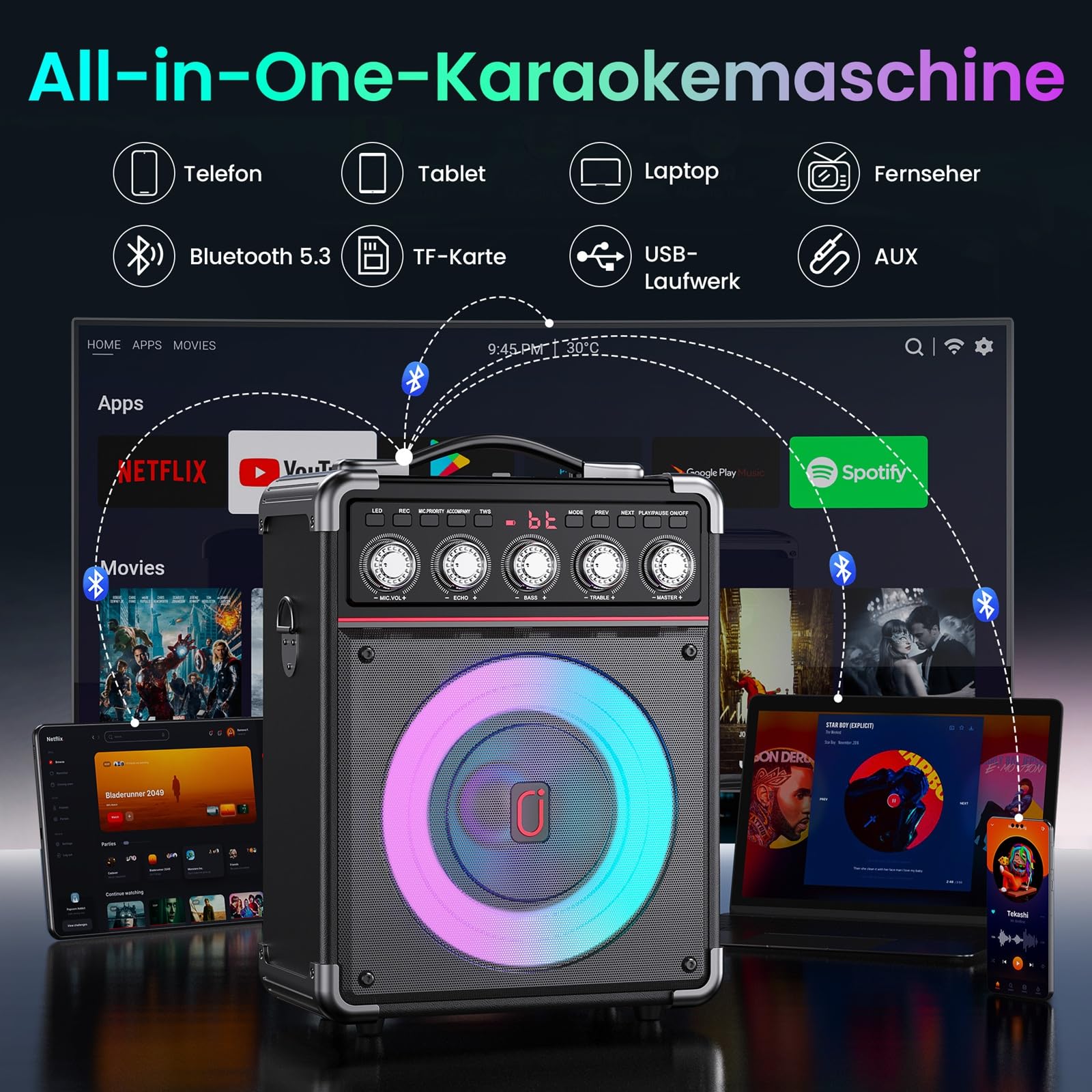 JYX Karaoke Maschine mit 2 kabellosen Mikrofonen, tragbare Karaoke Box Bluetooth 5.3 für Erwachsene & Kinder, 100W RMS PA Lautsprecher mit 6,5" Bass, LED-Licht, Echo/Bass/Höhen-Regler, TWS, USB/AUX/TF