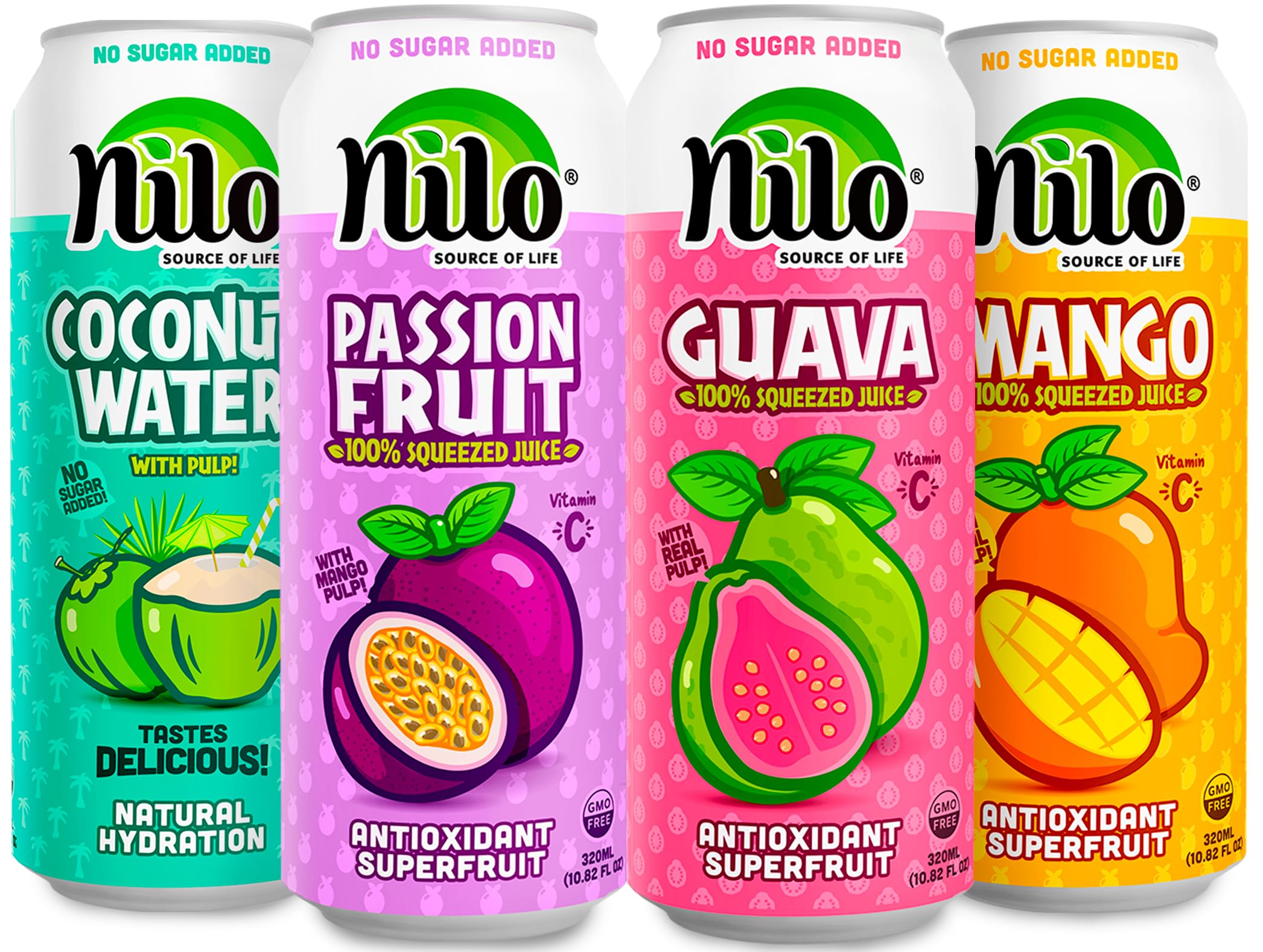 NILOVariety Pack | 100% Squeezed Juice Guava Mango Coconut Water Passion Fruit | NO Sugar added | NON GMO | NOT From Concentrate | 10.82 oz (Pack of 12)