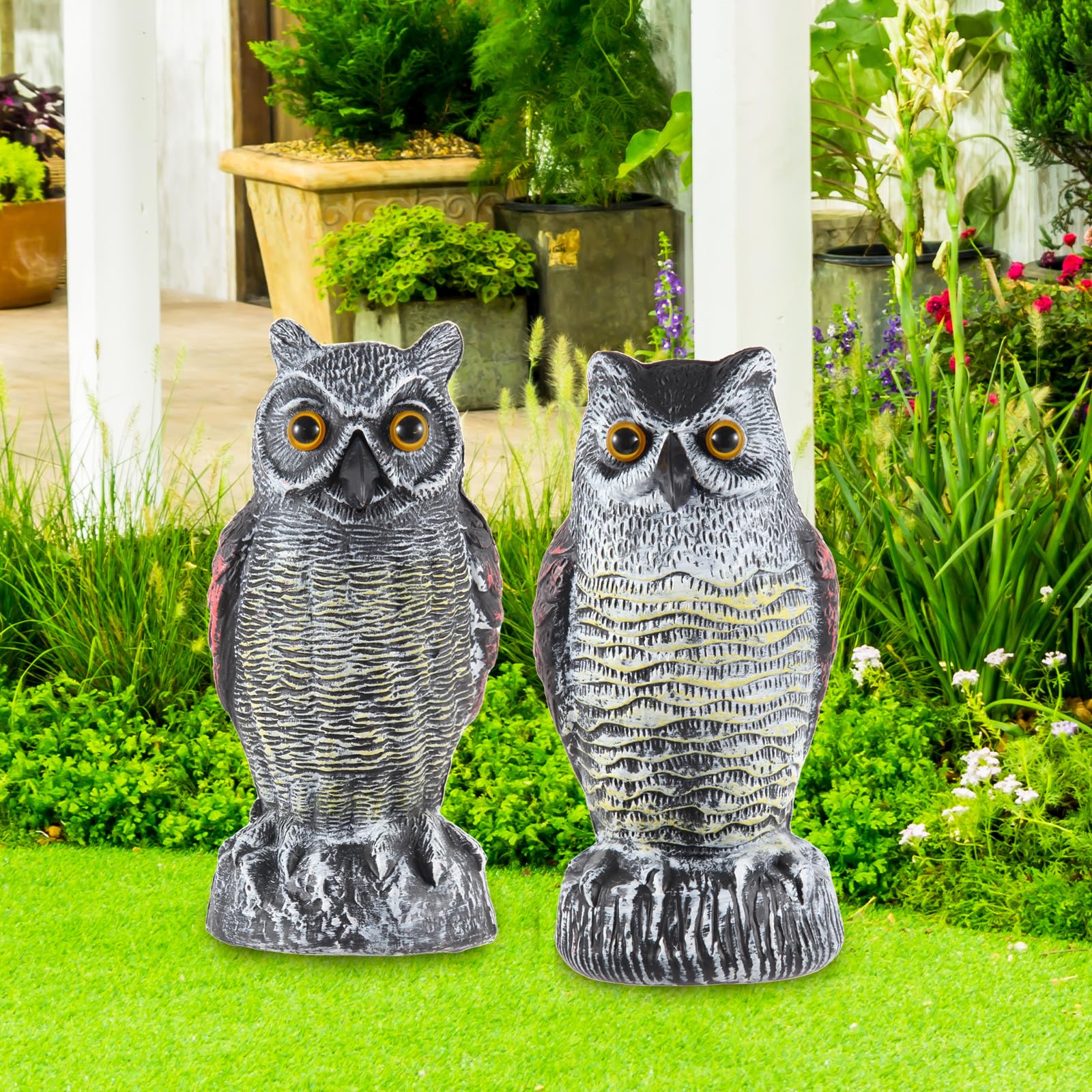 Hedoc Paquete de 2 señuelos falsos de búho para asustar a los pájaros lejos de jardines y tejados, disuasorio de pájaros de búho cornudo, espantapájaros de la naturaleza, repelente de plagas de búho