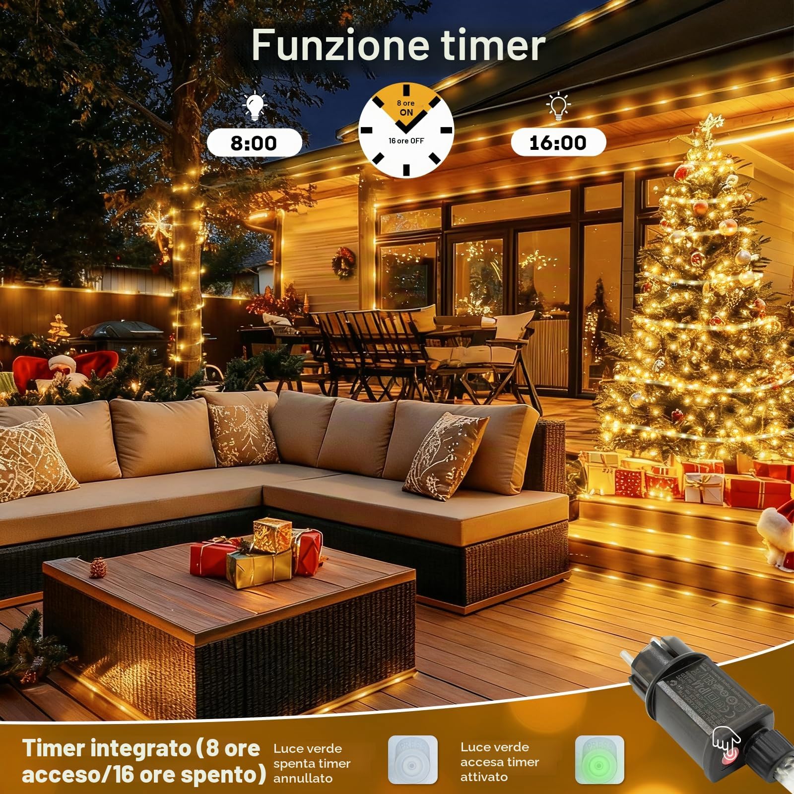 Tubo luminoso da 10 m, 200 LED con telecomando, diametro 7,5 mm, per esterni, IP65, impermeabile, 8 modalità, dimmerabile e timer, tubo luminoso a LED, per interni ed esterni, Natale, giardino, feste