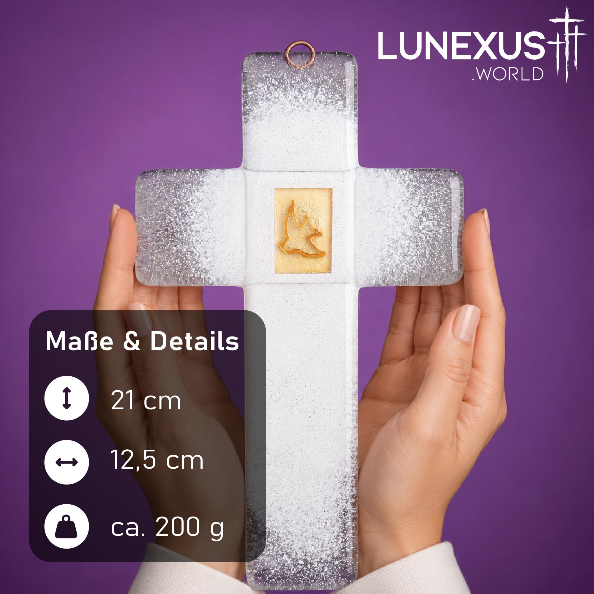 Lunexus Szklany krzyż 21 cm szklany krzyż ścienny z gołębem, prezent na chrzest, krzyż, na komunię, bierzmowanie, krzyż religijny, ręcznie wykonany, dekoracyjny krzyż katolicki, prezent dla