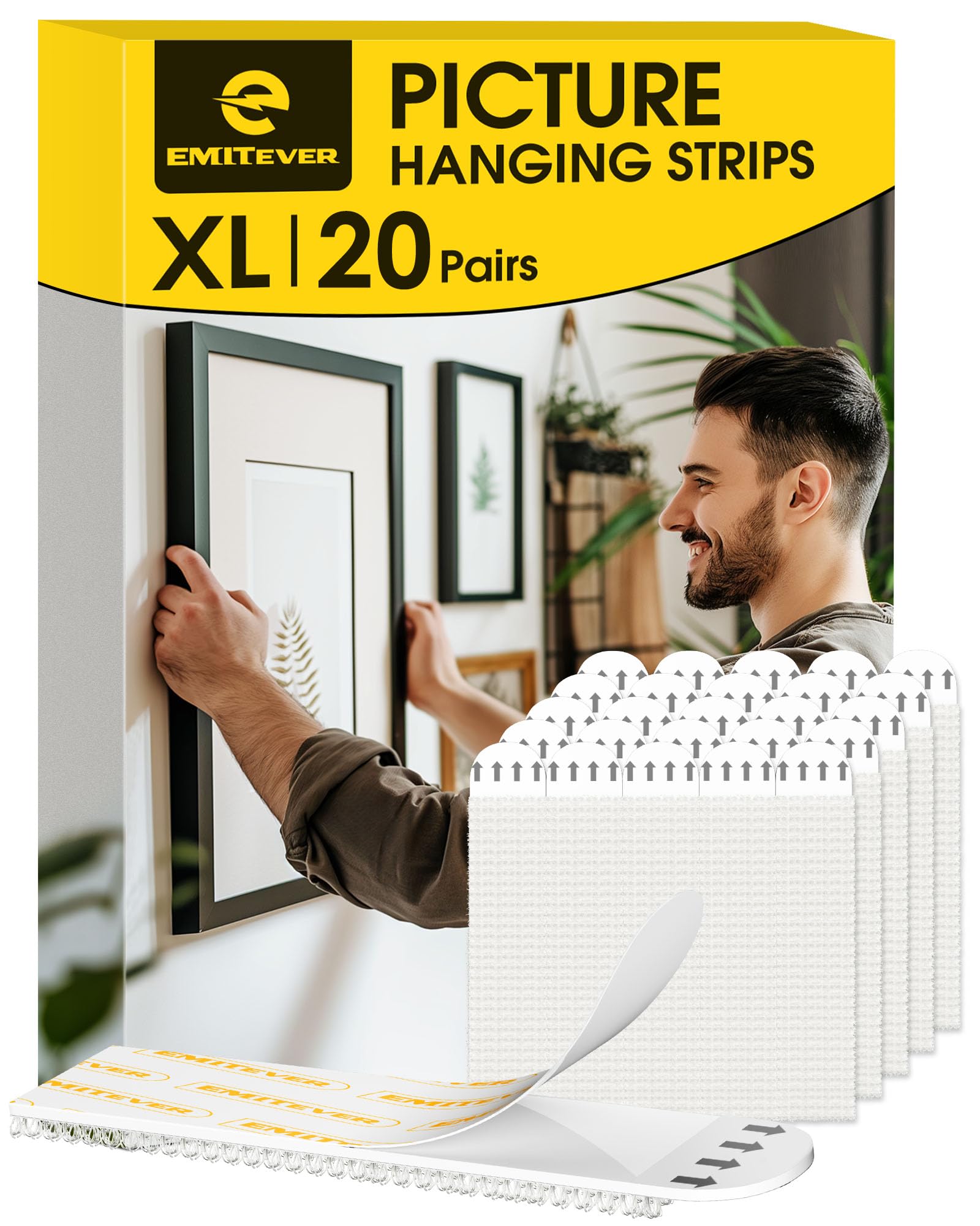 Emitever Picture Hanging Strips 20 Pairs (40 Strips, XL) Holds Up to 7.2 kg, Wall Stickers for Picture Hanging, No Nails Damage-Free Frame Poster Hangers for Frames Signs Home Decor White