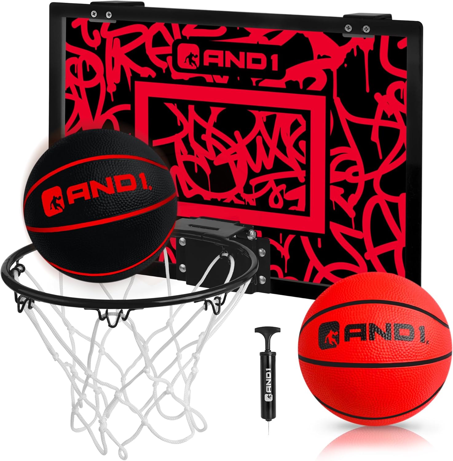AND1 Over the Door Mini Basketball Hoop: 18x12 Shatterproof Backboard, 2 Mini Basketballs, and Hand Pump Included- Ultimate Indoor Basketball Accessory for Kids and Adults, No Tools Required Red Graffiti Mini Hoop / Two Balls BASKETBALL