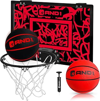 AND1 Over the Door Mini Basketball Hoop 18x12 Shatterproof Backboard, 2 Mini Basketballs, and Hand Pump Included- Ultimate Indoor Basketball Accessory for Kids and Adults, No Tools Required