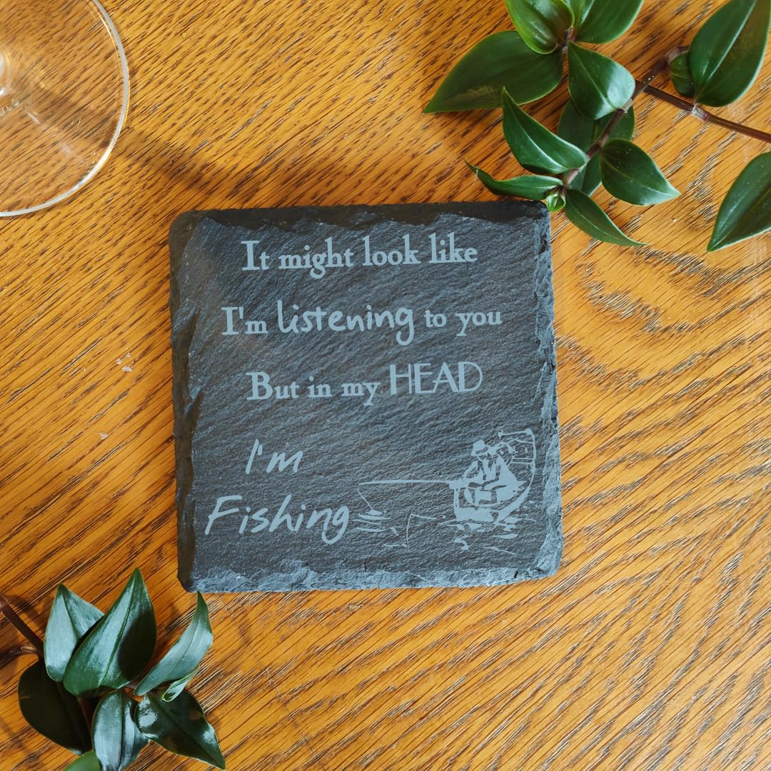 I'd Rather be Fishing Gift Laser Engraved Slate Coaster for Him or Her Fisherman who loves to Fish (Round Wood)