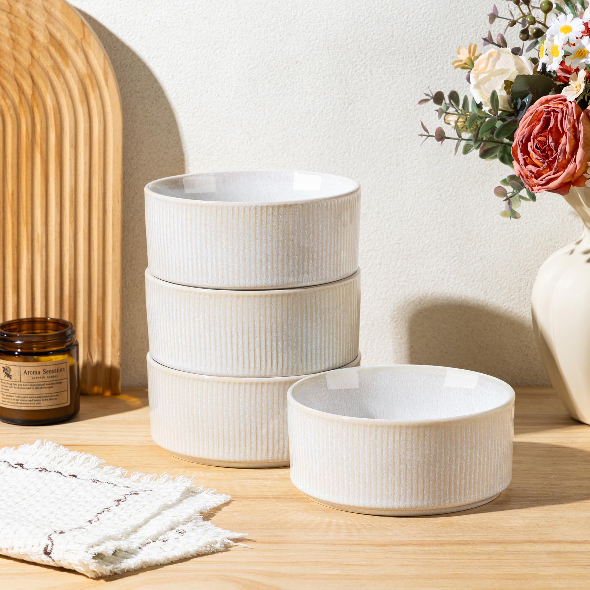 GBhome Stoneware Cereal Bowls Set of 4, Handmade Ceramic Bowls Set for Cereal Soup Salad, Stylish Kitchen Bowls for Meal, Dishwasher & Microwave Safe, Reactive Glaze-Beige