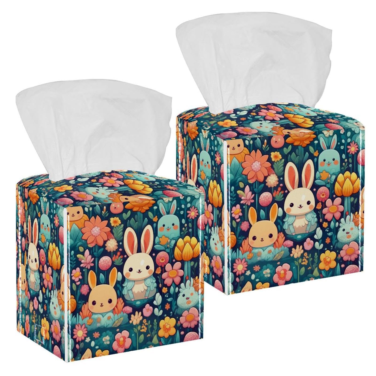 Cartoon Rabbit Family Tissue Box Cover, 2 Pack PU Leather Square Facial Tissue Dispenser Box holder for Home Office Car