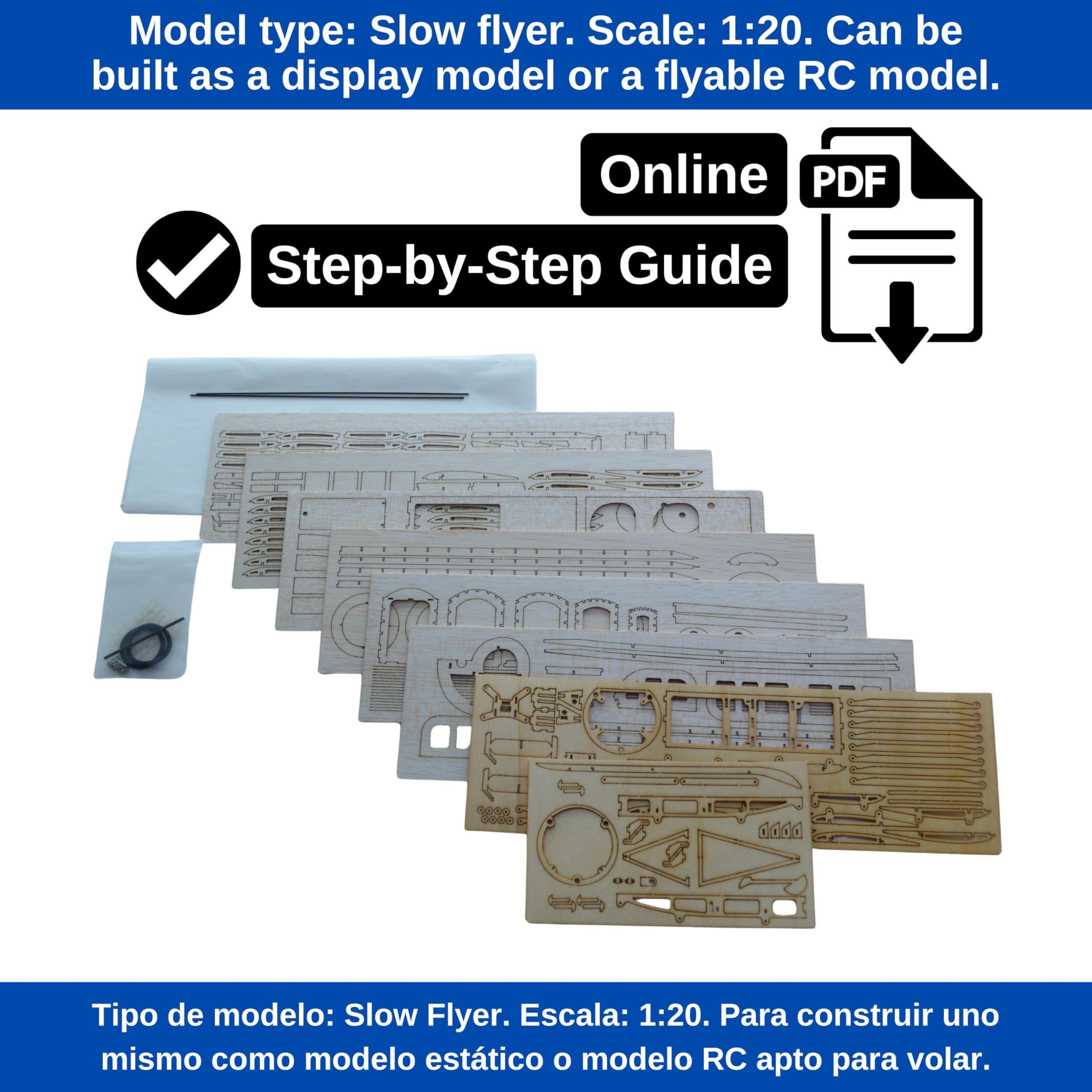 Your Day Mate Kit de aeromodelo Avro 504k Slow Flyer, Escala 1:20, 505 mm de envergadura, Kit de aeromodelo RC, aeromodelo para Construir uno Mismo, componentes de Madera de balsa Cortados con láser